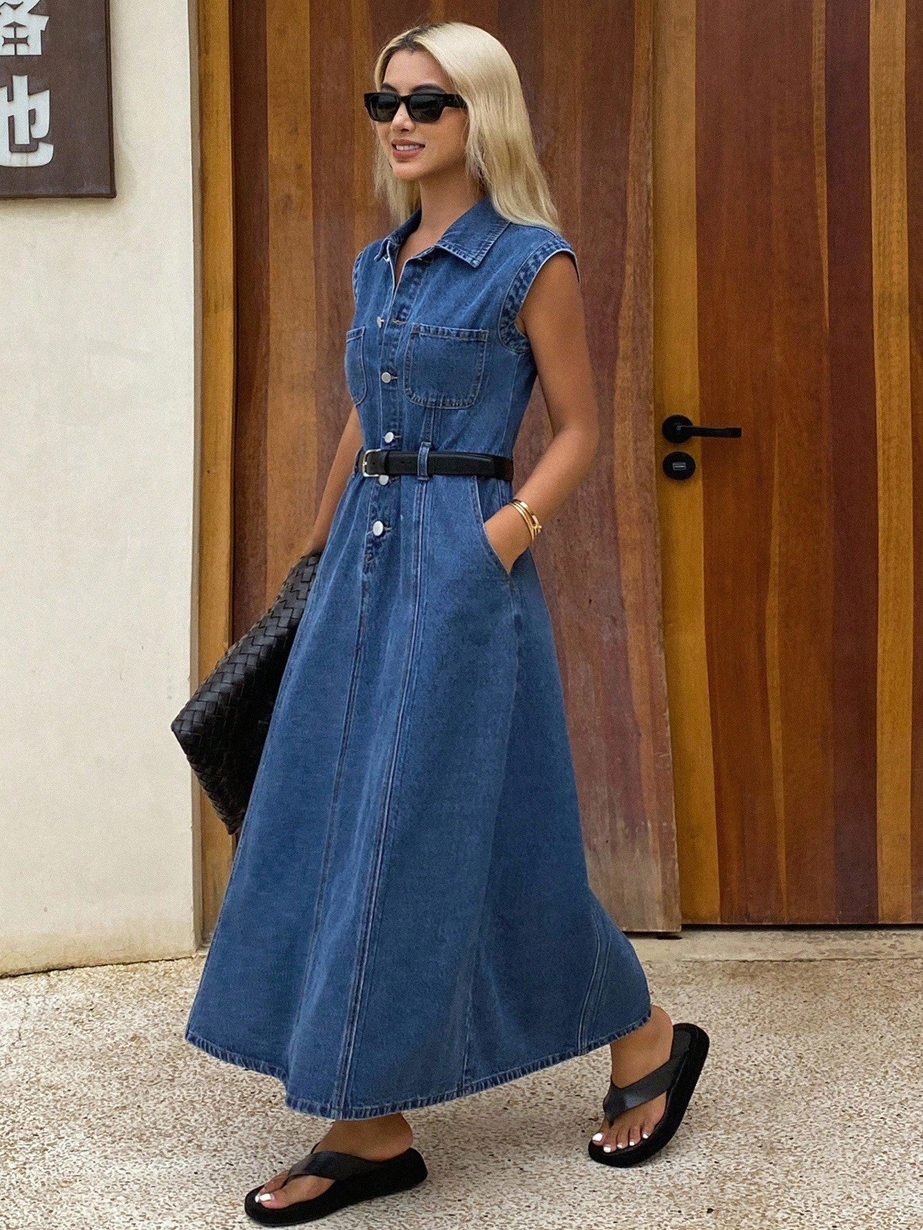 CM-DS689094 Women Casual Seoul Style Collar Neckline Sleeveless High Waist Long Denim Dress - Blue