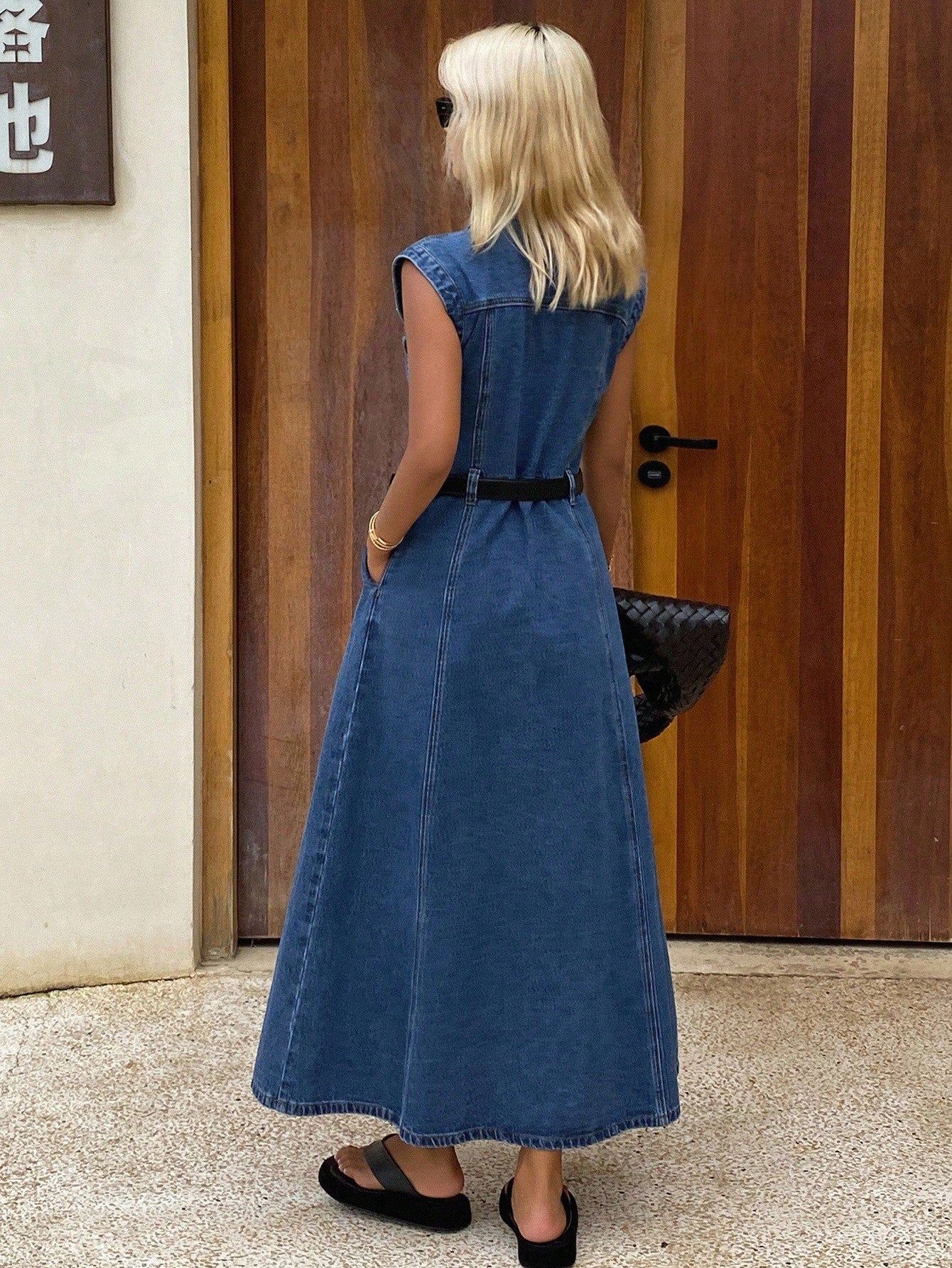 CM-DS689094 Women Casual Seoul Style Collar Neckline Sleeveless High Waist Long Denim Dress - Blue