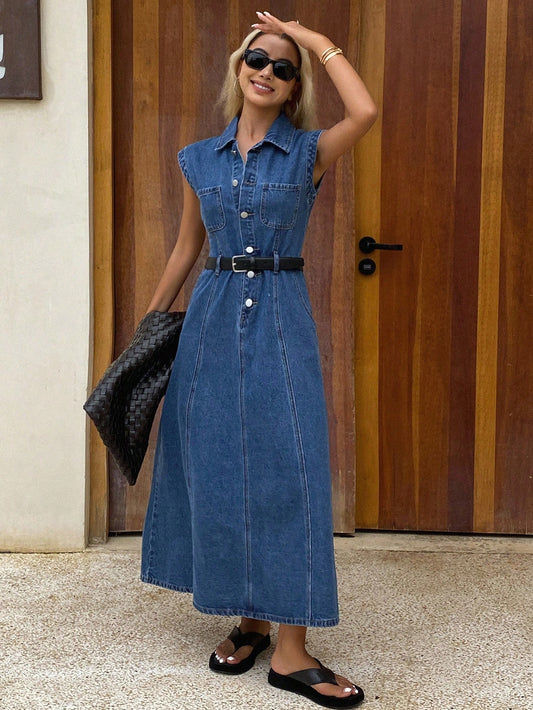 CM-DS689094 Women Casual Seoul Style Collar Neckline Sleeveless High Waist Long Denim Dress - Blue