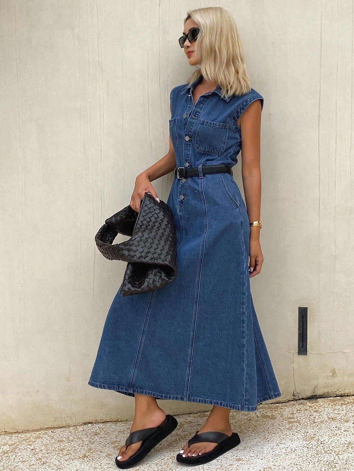 CM-DS689094 Women Casual Seoul Style Collar Neckline Sleeveless High Waist Long Denim Dress - Blue