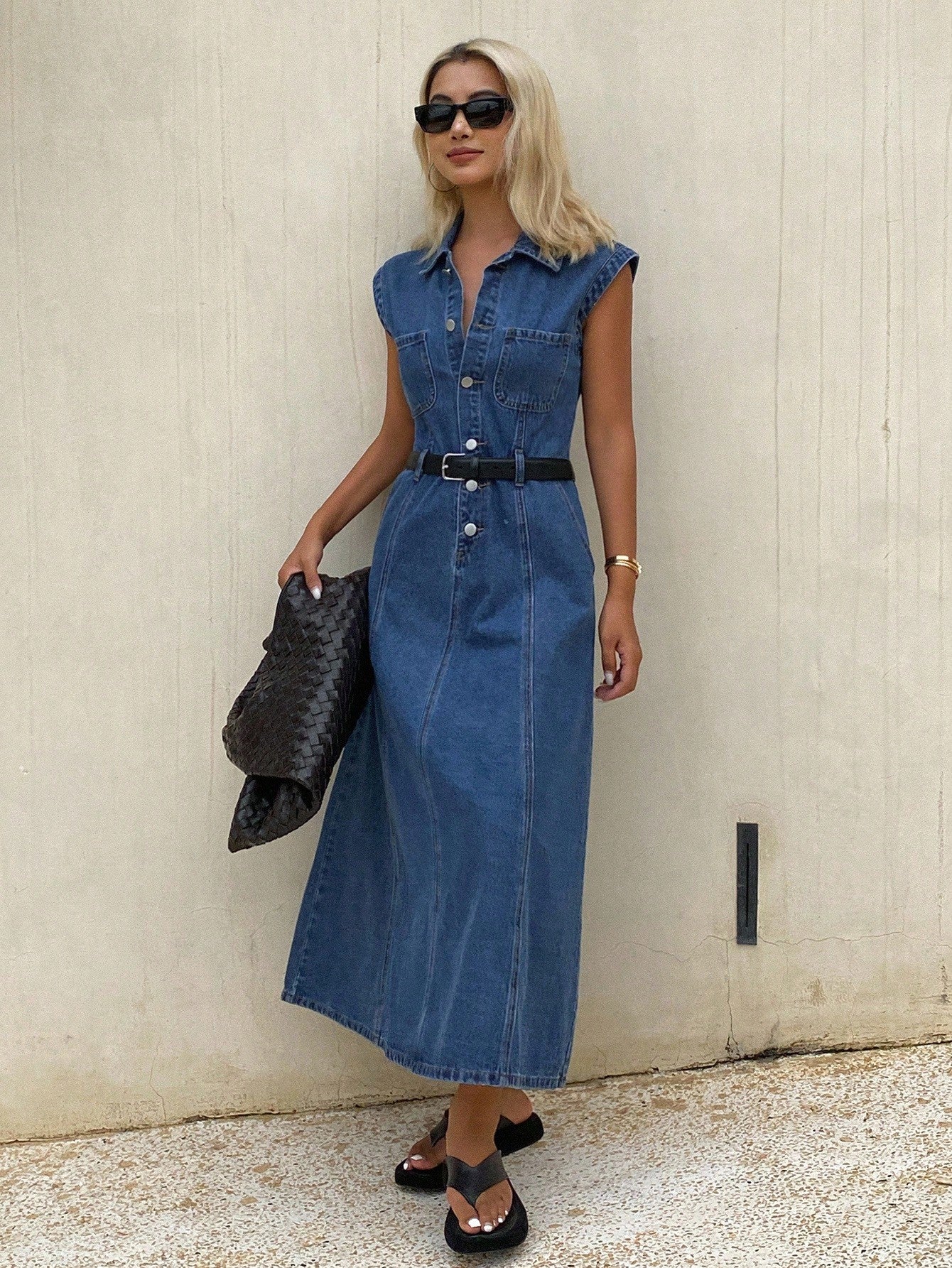 CM-DS689094 Women Casual Seoul Style Collar Neckline Sleeveless High Waist Long Denim Dress - Blue