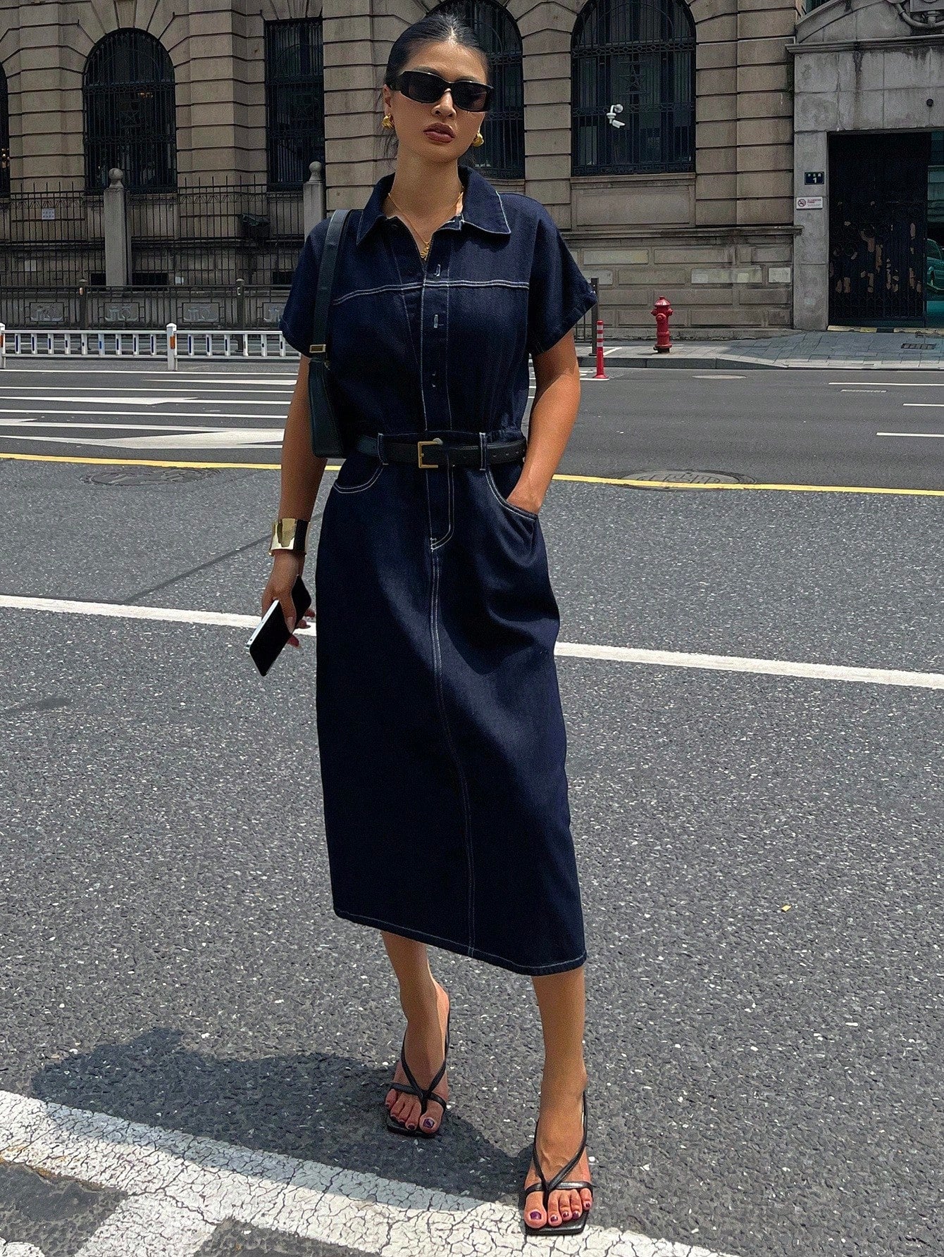 CM-DS113444 Women Casual Seoul Style Dark Wash Collar Neckline Half Sleeve Cinched Waist Midi Denim Dress