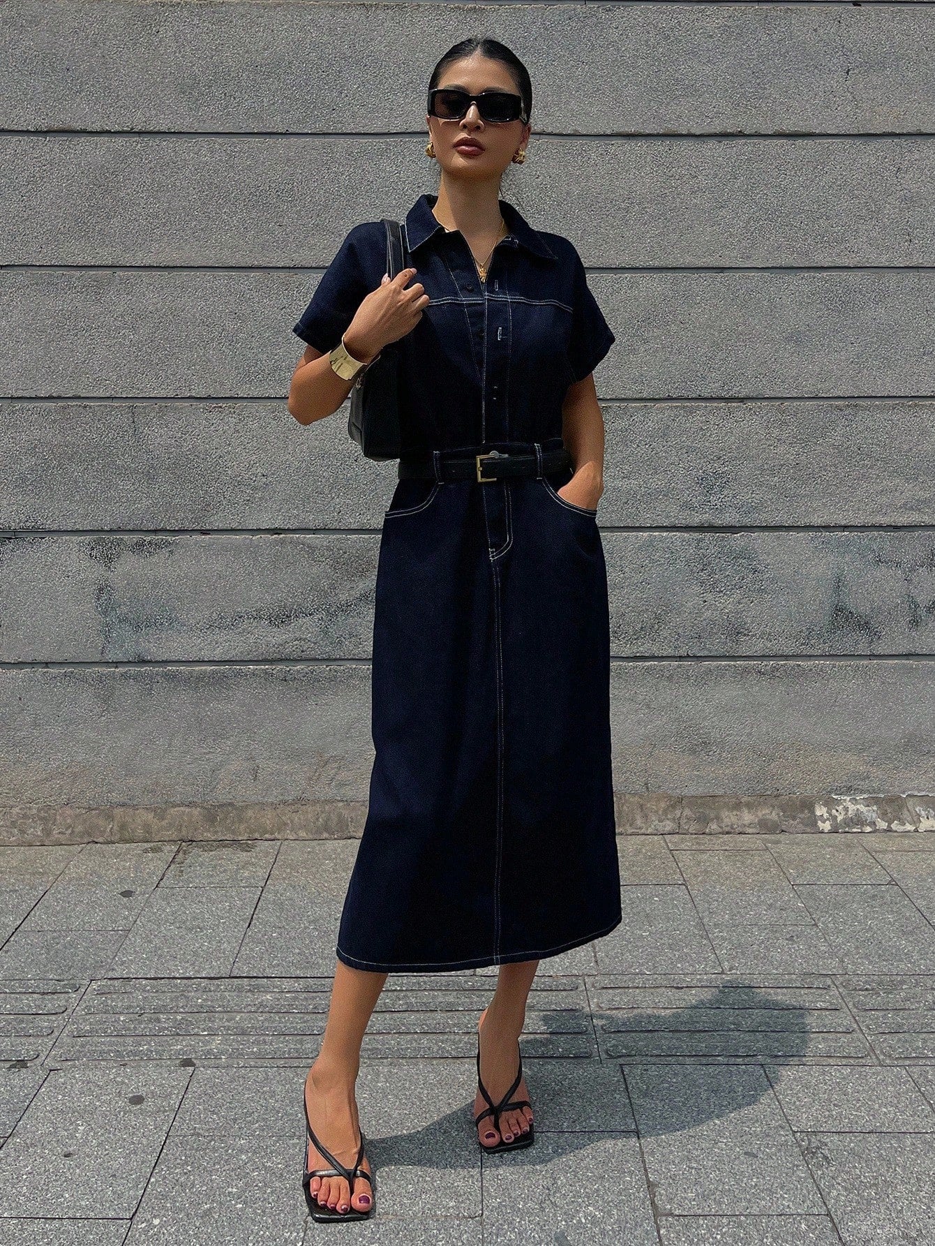 CM-DS113444 Women Casual Seoul Style Dark Wash Collar Neckline Half Sleeve Cinched Waist Midi Denim Dress