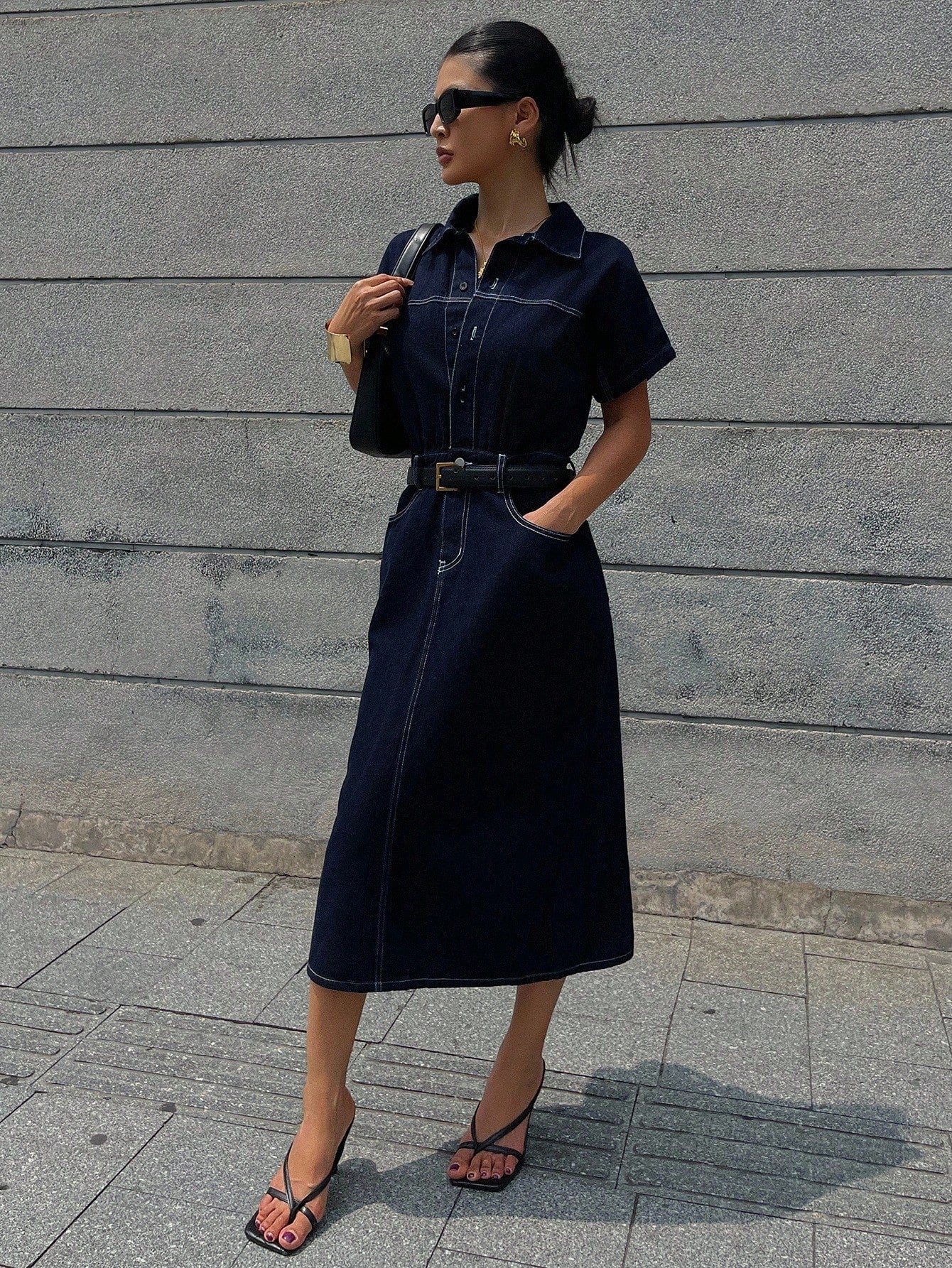 CM-DS113444 Women Casual Seoul Style Dark Wash Collar Neckline Half Sleeve Cinched Waist Midi Denim Dress
