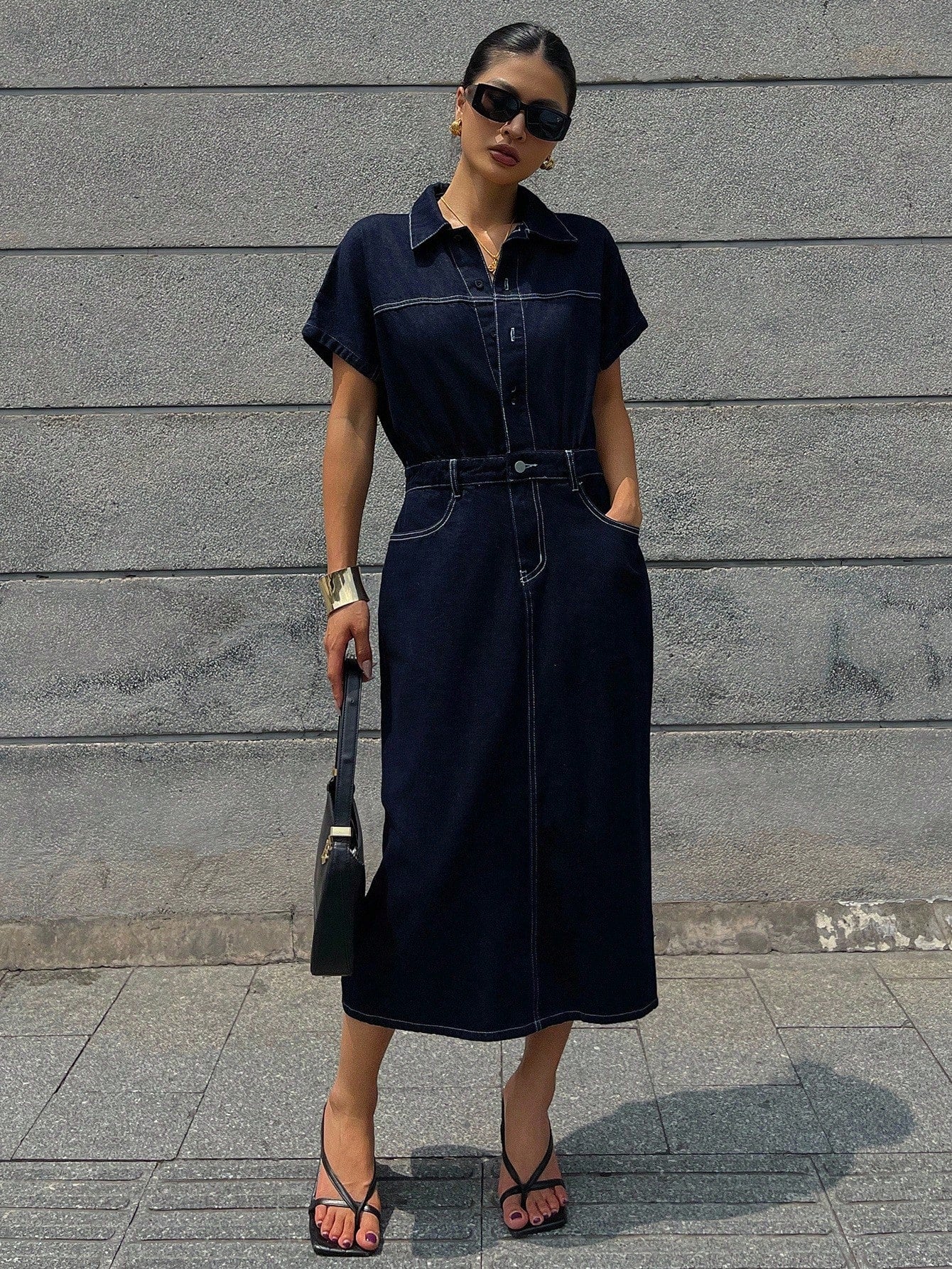 CM-DS113444 Women Casual Seoul Style Dark Wash Collar Neckline Half Sleeve Cinched Waist Midi Denim Dress