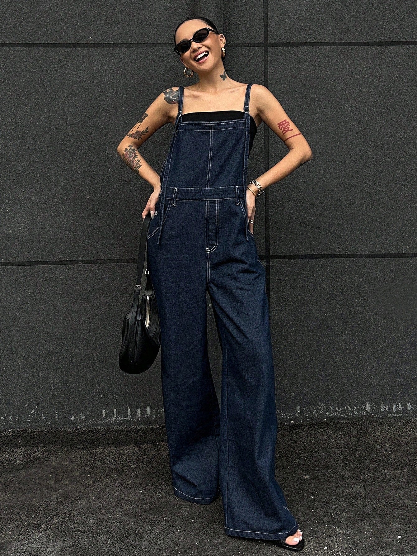 CM-JS781612 Women Casual Seoul Style Straps Neckline Loose Fit Pocketed Wide Leg Casual Denim Jumpsuit - Blue