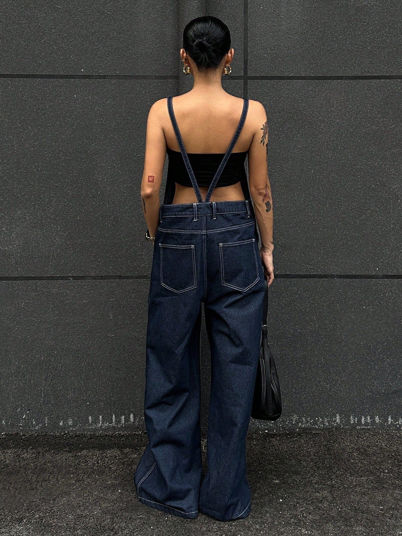 CM-JS781612 Women Casual Seoul Style Straps Neckline Loose Fit Pocketed Wide Leg Casual Denim Jumpsuit - Blue