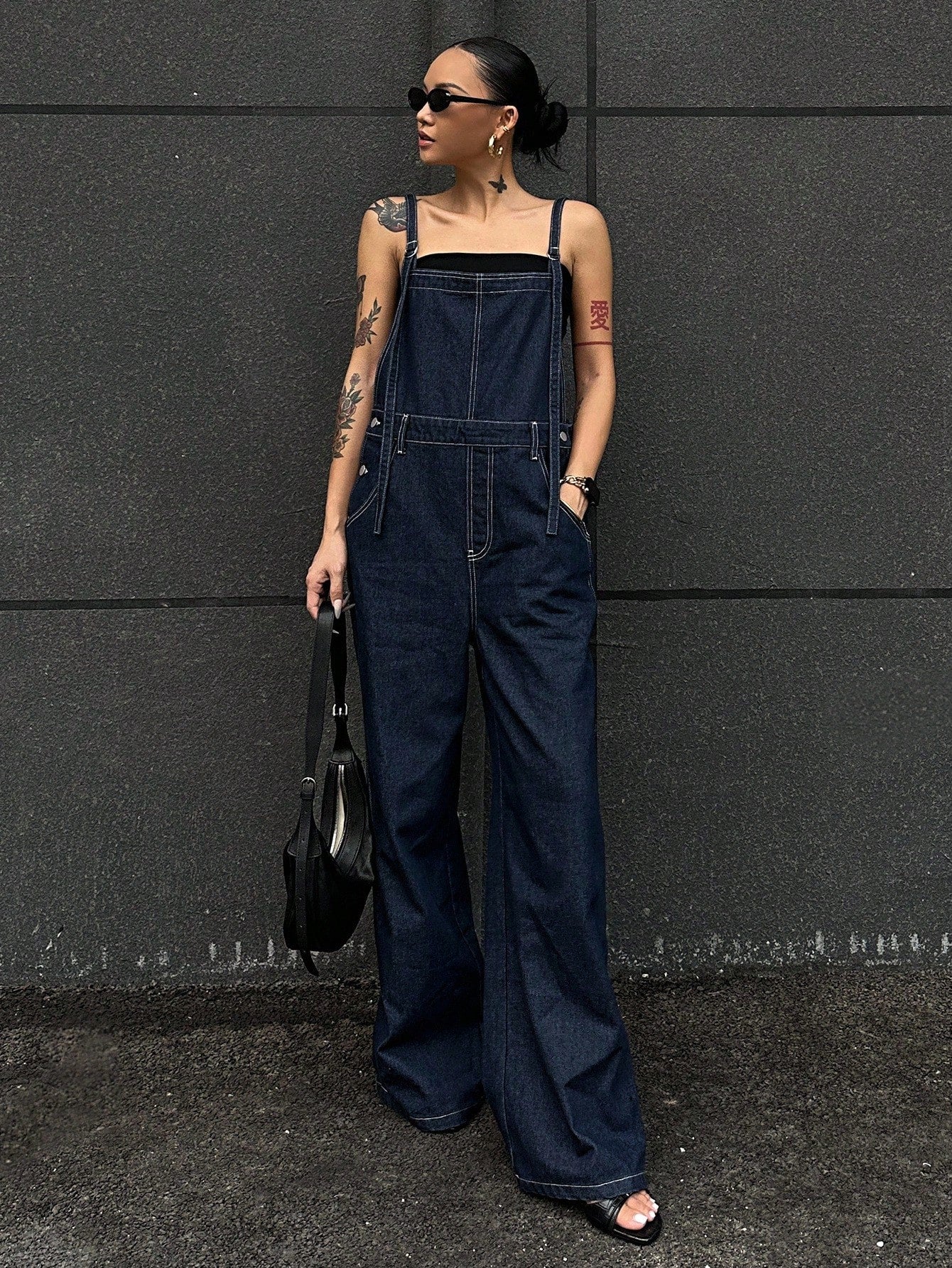 CM-JS781612 Women Casual Seoul Style Straps Neckline Loose Fit Pocketed Wide Leg Casual Denim Jumpsuit - Blue