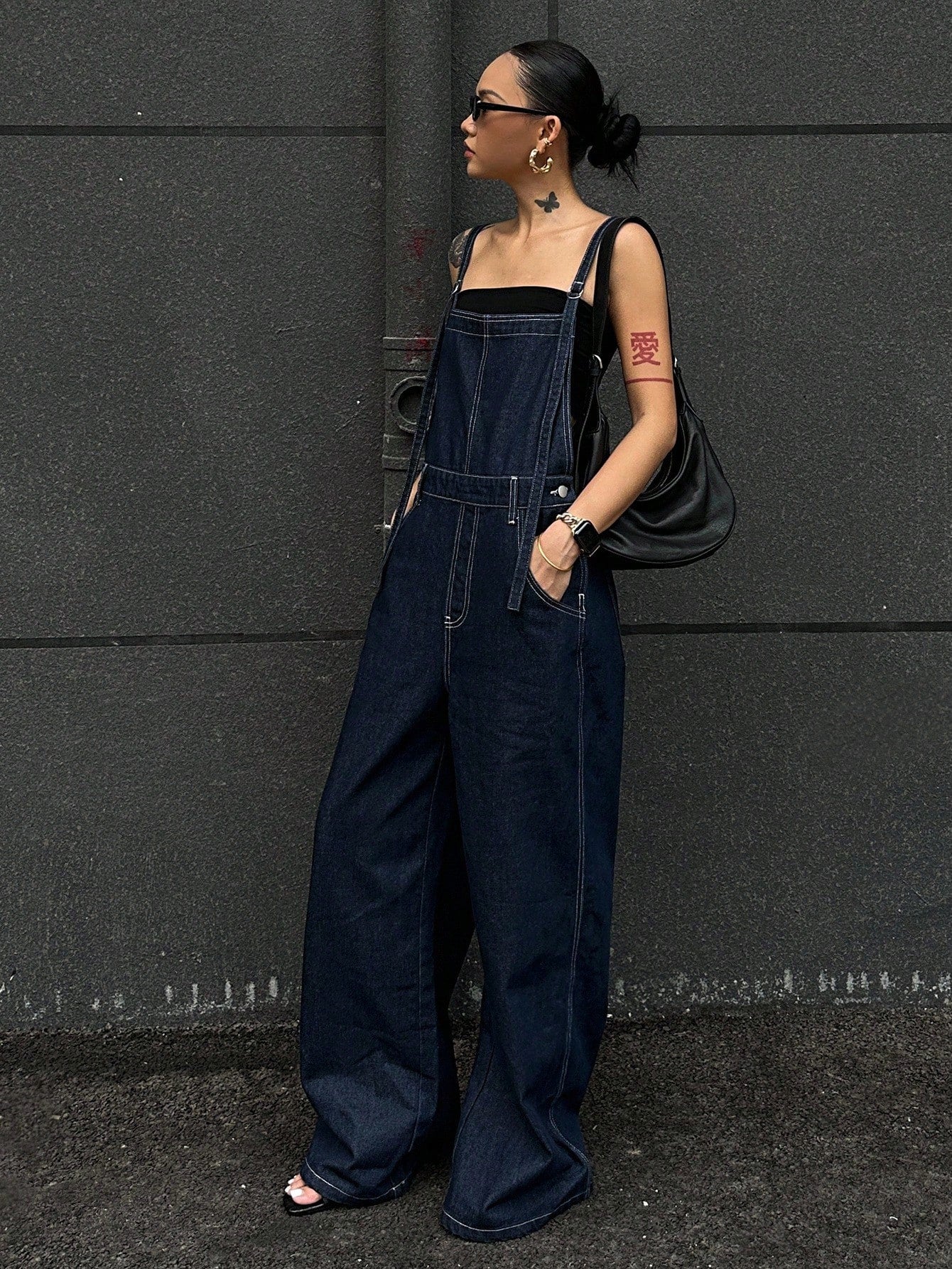 CM-JS781612 Women Casual Seoul Style Straps Neckline Loose Fit Pocketed Wide Leg Casual Denim Jumpsuit - Blue