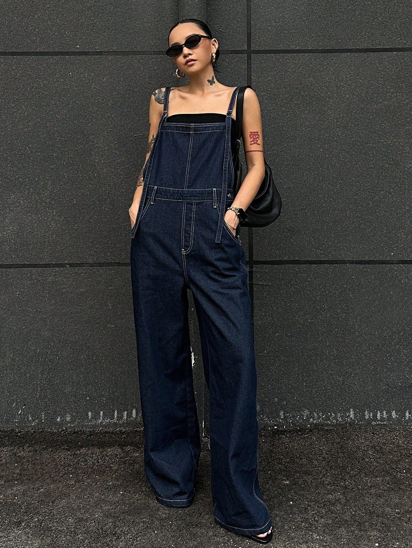CM-JS781612 Women Casual Seoul Style Straps Neckline Loose Fit Pocketed Wide Leg Casual Denim Jumpsuit - Blue