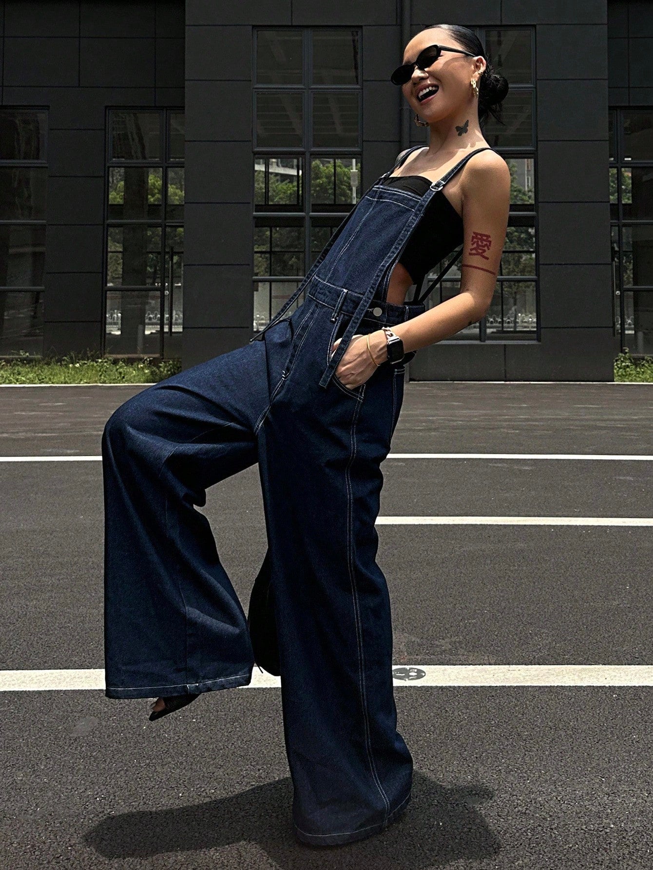 CM-JS781612 Women Casual Seoul Style Straps Neckline Loose Fit Pocketed Wide Leg Casual Denim Jumpsuit - Blue
