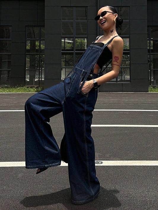 CM-JS781612 Women Casual Seoul Style Straps Neckline Loose Fit Pocketed Wide Leg Casual Denim Jumpsuit - Blue