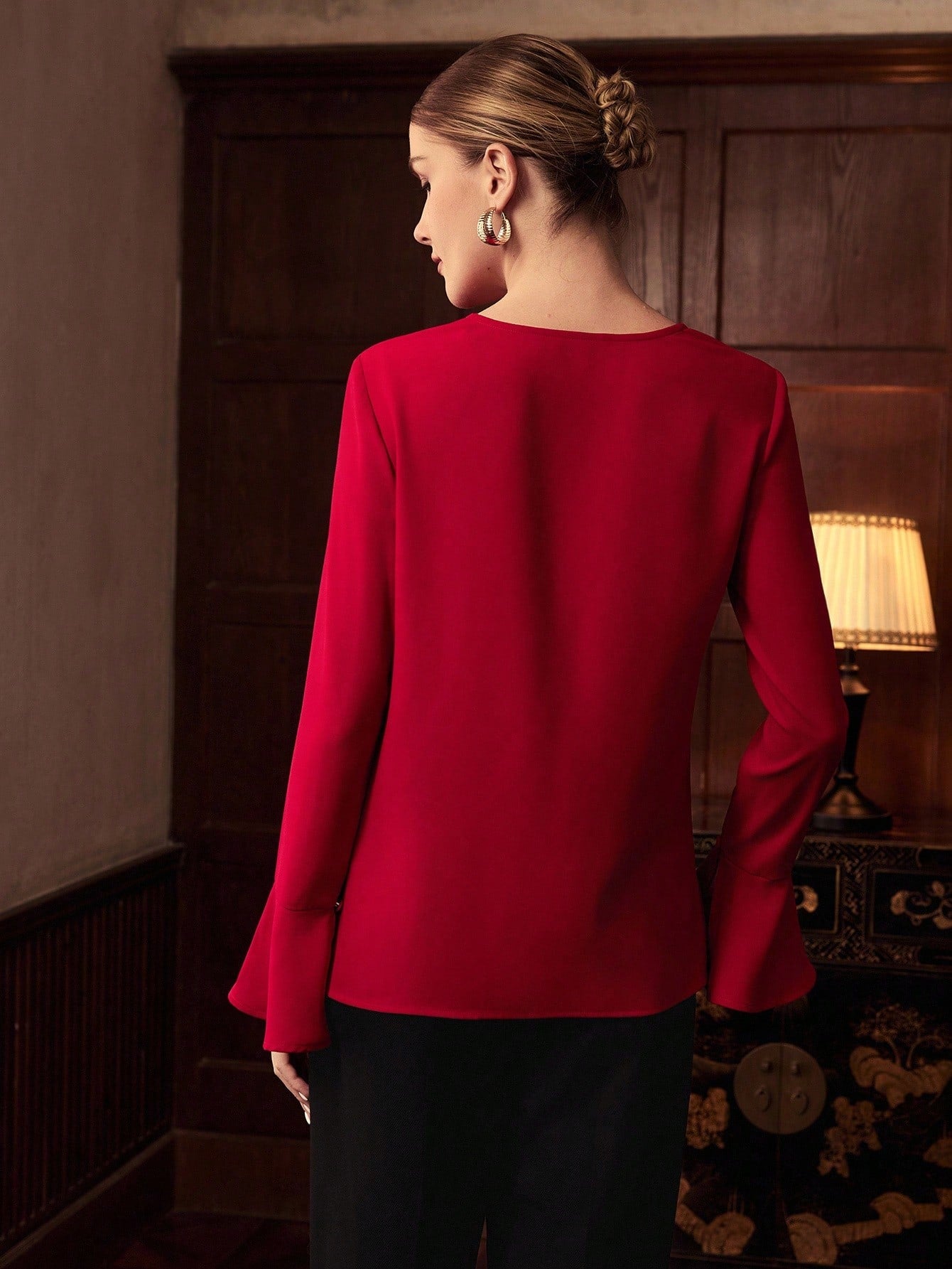 CM-TS618813 Women Elegant Seoul Style Asymmetric Decor Button Long Sleeve Blouse - Red