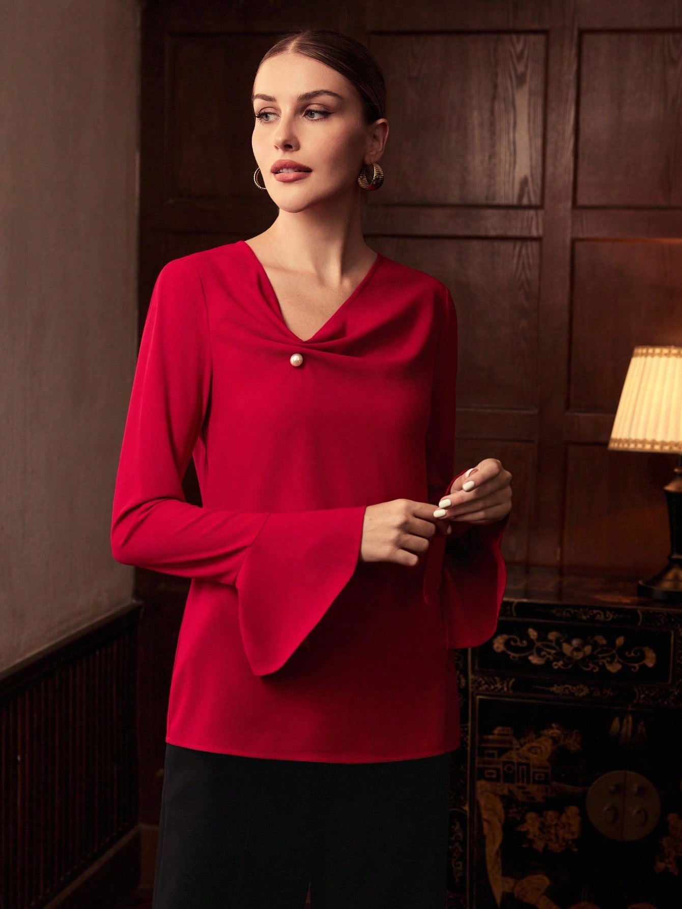 CM-TS618813 Women Elegant Seoul Style Asymmetric Decor Button Long Sleeve Blouse - Red