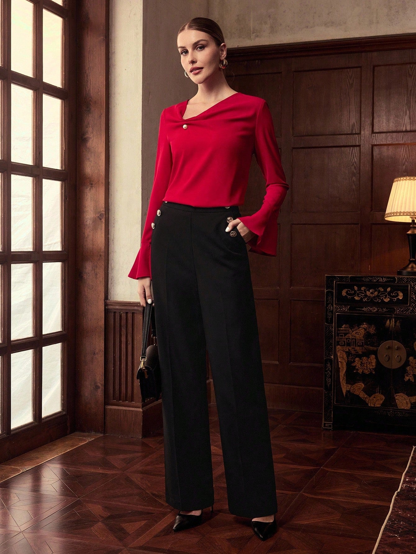 CM-TS618813 Women Elegant Seoul Style Asymmetric Decor Button Long Sleeve Blouse - Red