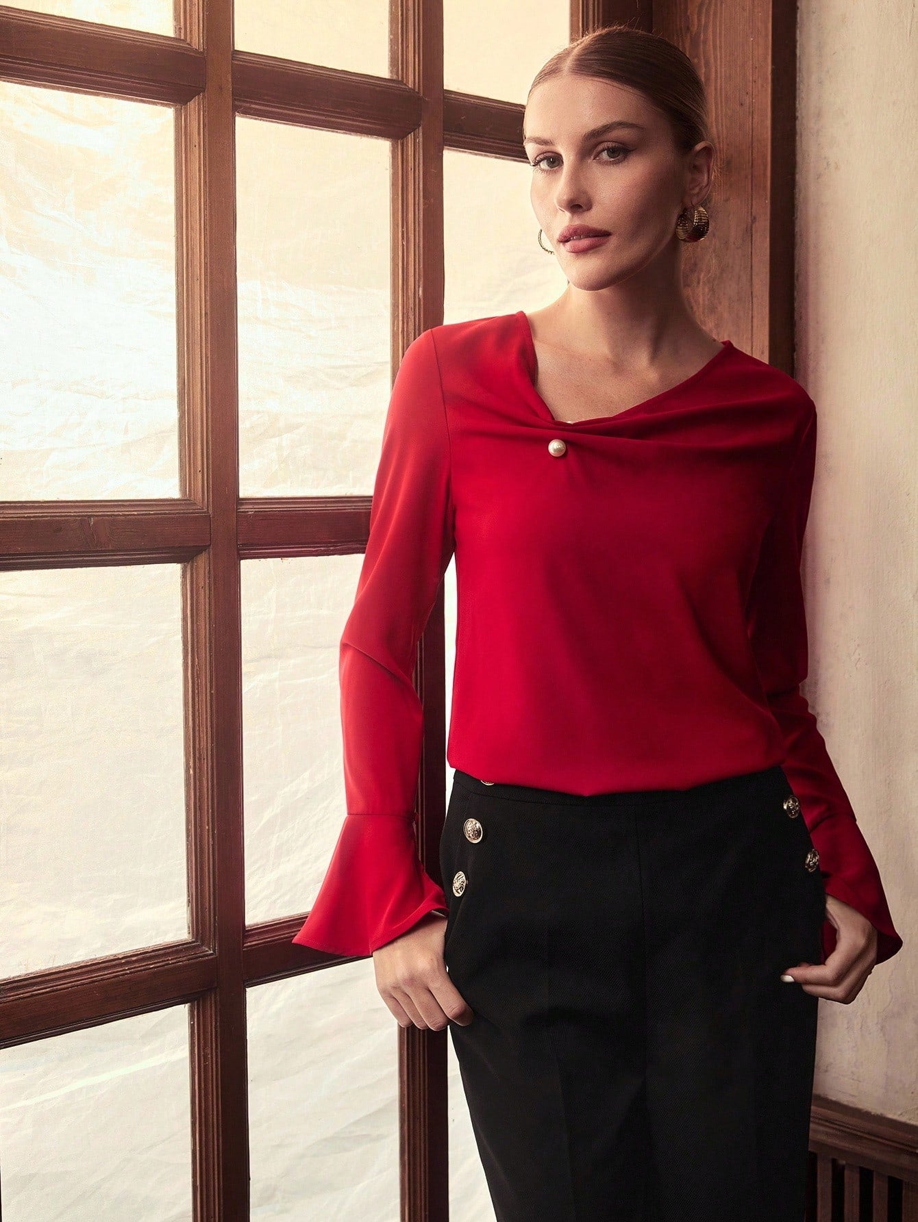 CM-TS618813 Women Elegant Seoul Style Asymmetric Decor Button Long Sleeve Blouse - Red