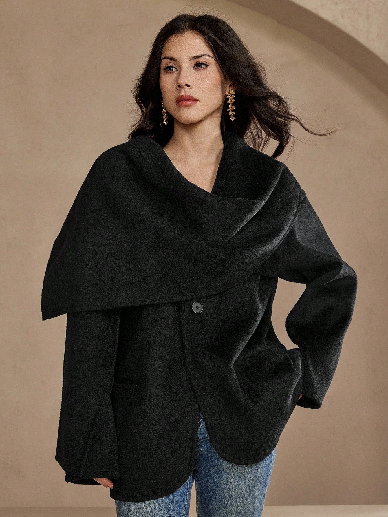 CM-CS442131 Women Elegant Seoul Style Solid Color Cowl Neck Long Sleeve Single-Breasted Scarf Jacket - Black
