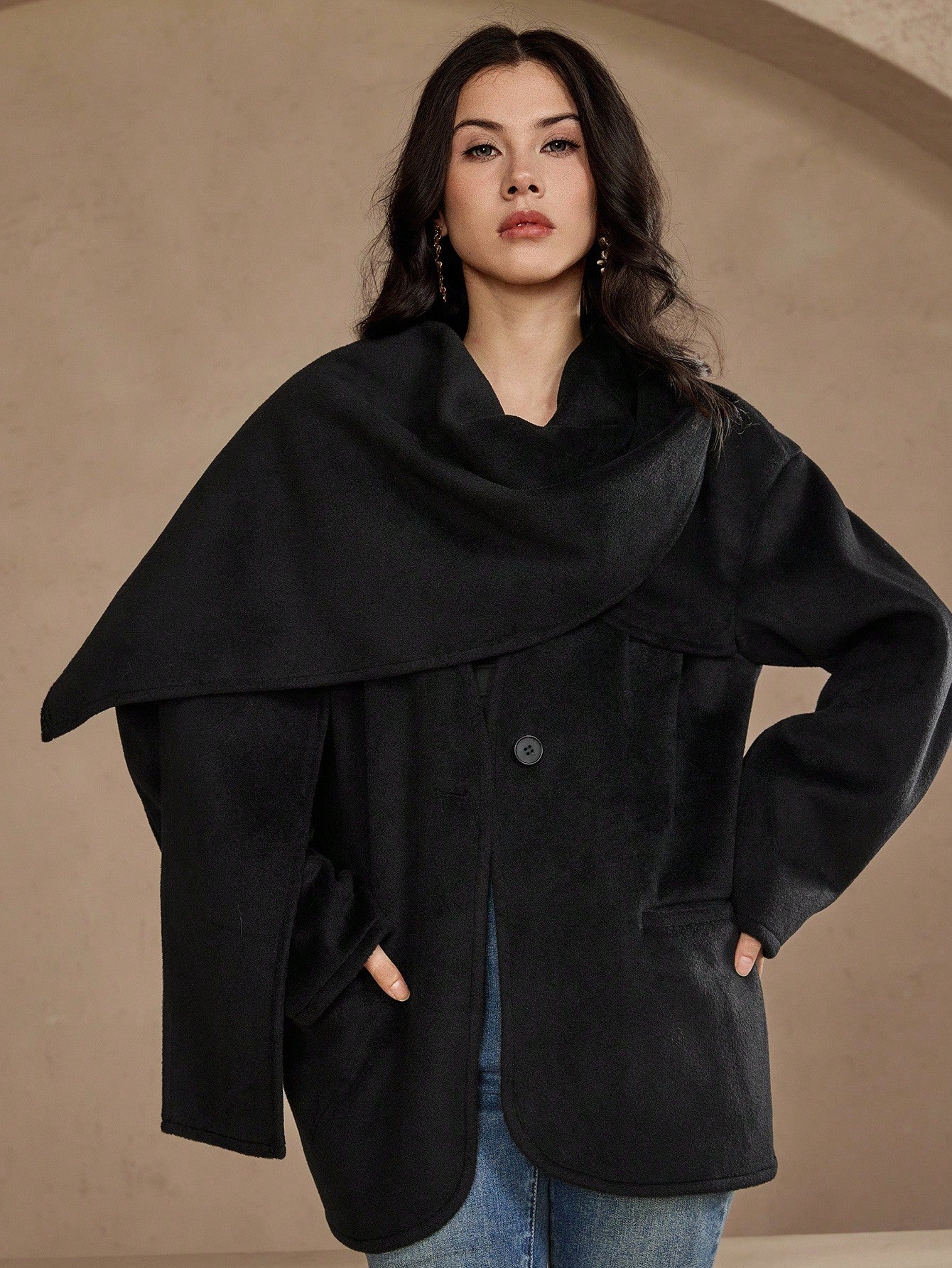 CM-CS442131 Women Elegant Seoul Style Solid Color Cowl Neck Long Sleeve Single-Breasted Scarf Jacket - Black
