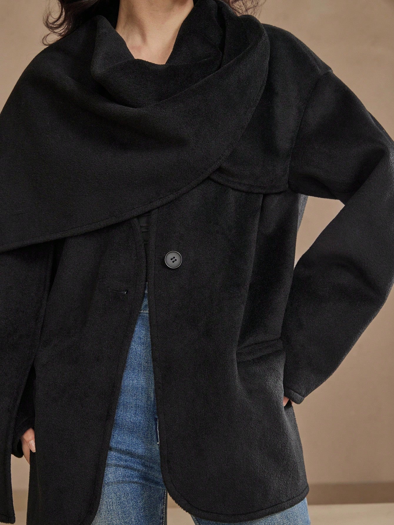 CM-CS442131 Women Elegant Seoul Style Solid Color Cowl Neck Long Sleeve Single-Breasted Scarf Jacket - Black