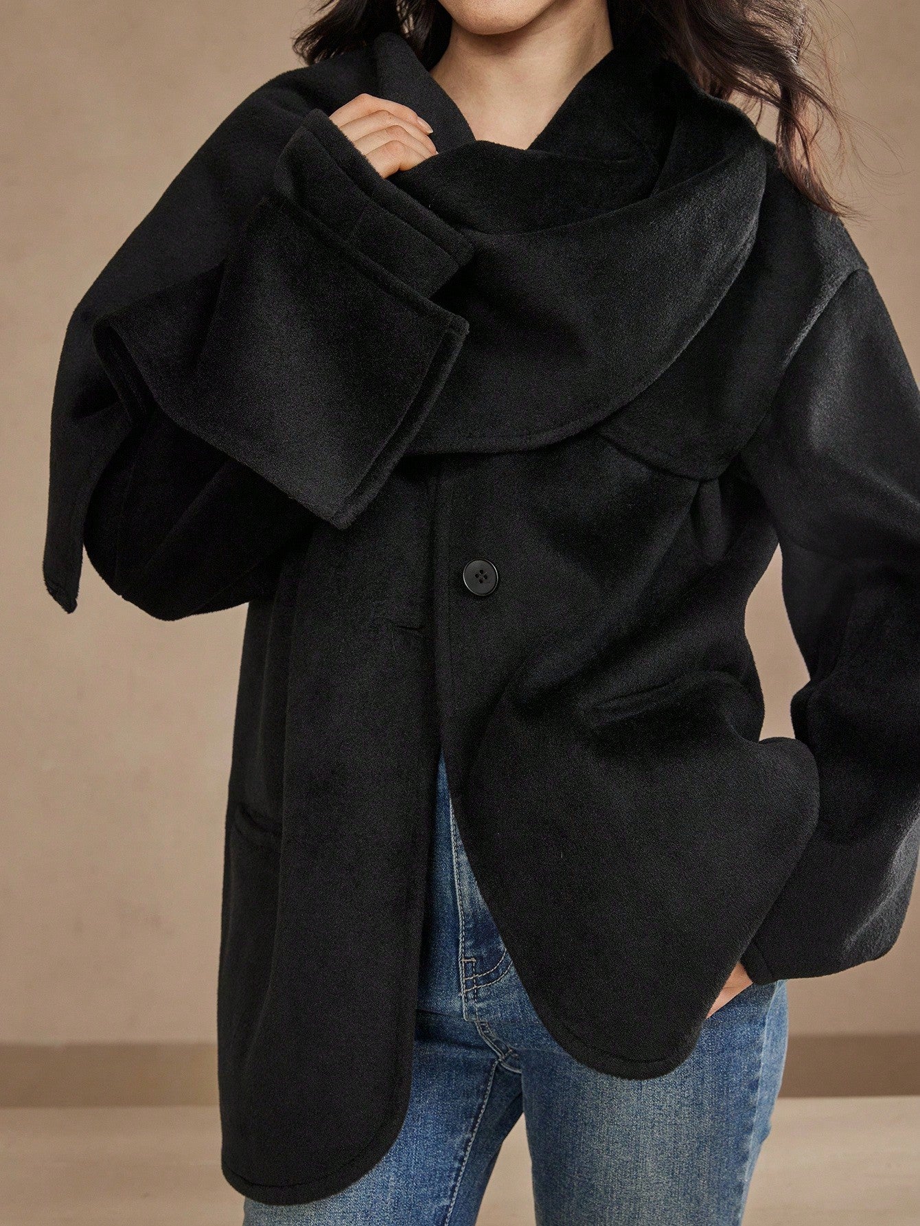 CM-CS442131 Women Elegant Seoul Style Solid Color Cowl Neck Long Sleeve Single-Breasted Scarf Jacket - Black