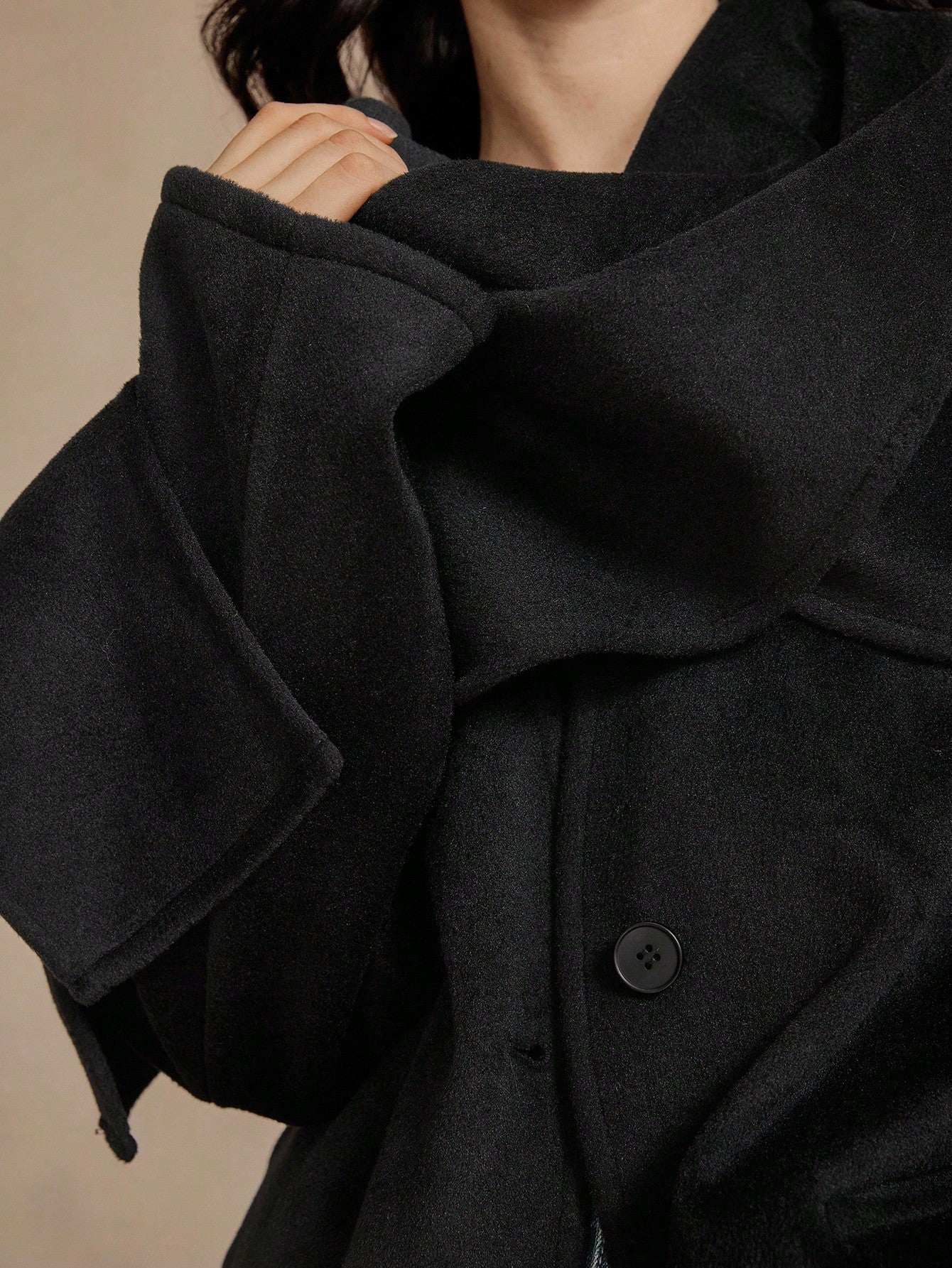CM-CS442131 Women Elegant Seoul Style Solid Color Cowl Neck Long Sleeve Single-Breasted Scarf Jacket - Black