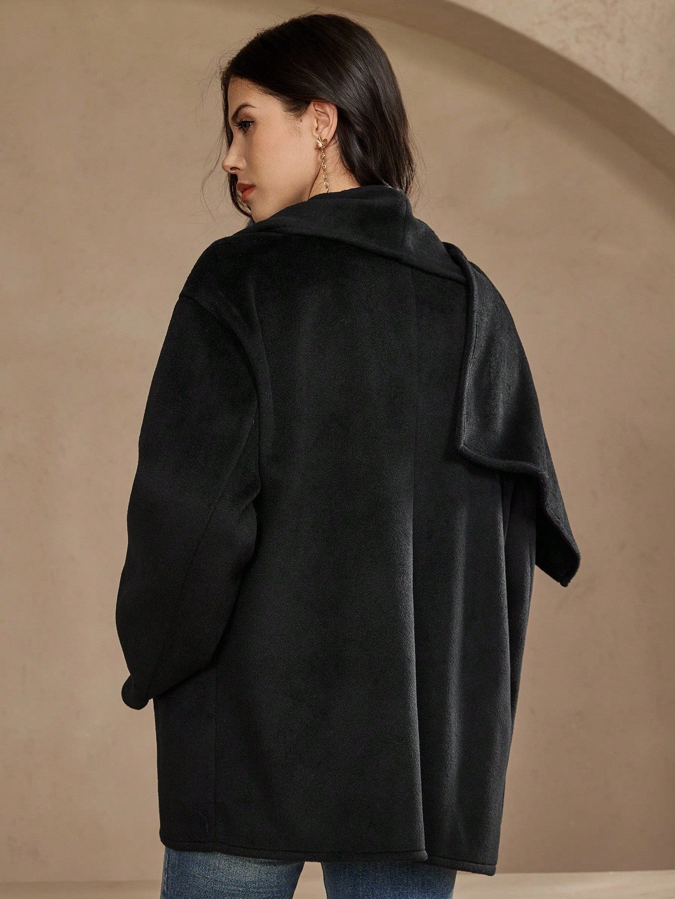CM-CS442131 Women Elegant Seoul Style Solid Color Cowl Neck Long Sleeve Single-Breasted Scarf Jacket - Black