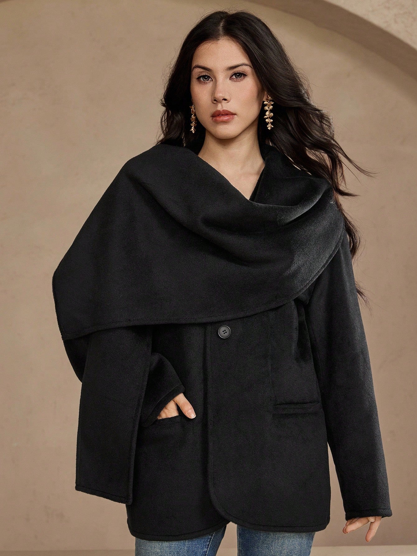 CM-CS442131 Women Elegant Seoul Style Solid Color Cowl Neck Long Sleeve Single-Breasted Scarf Jacket - Black