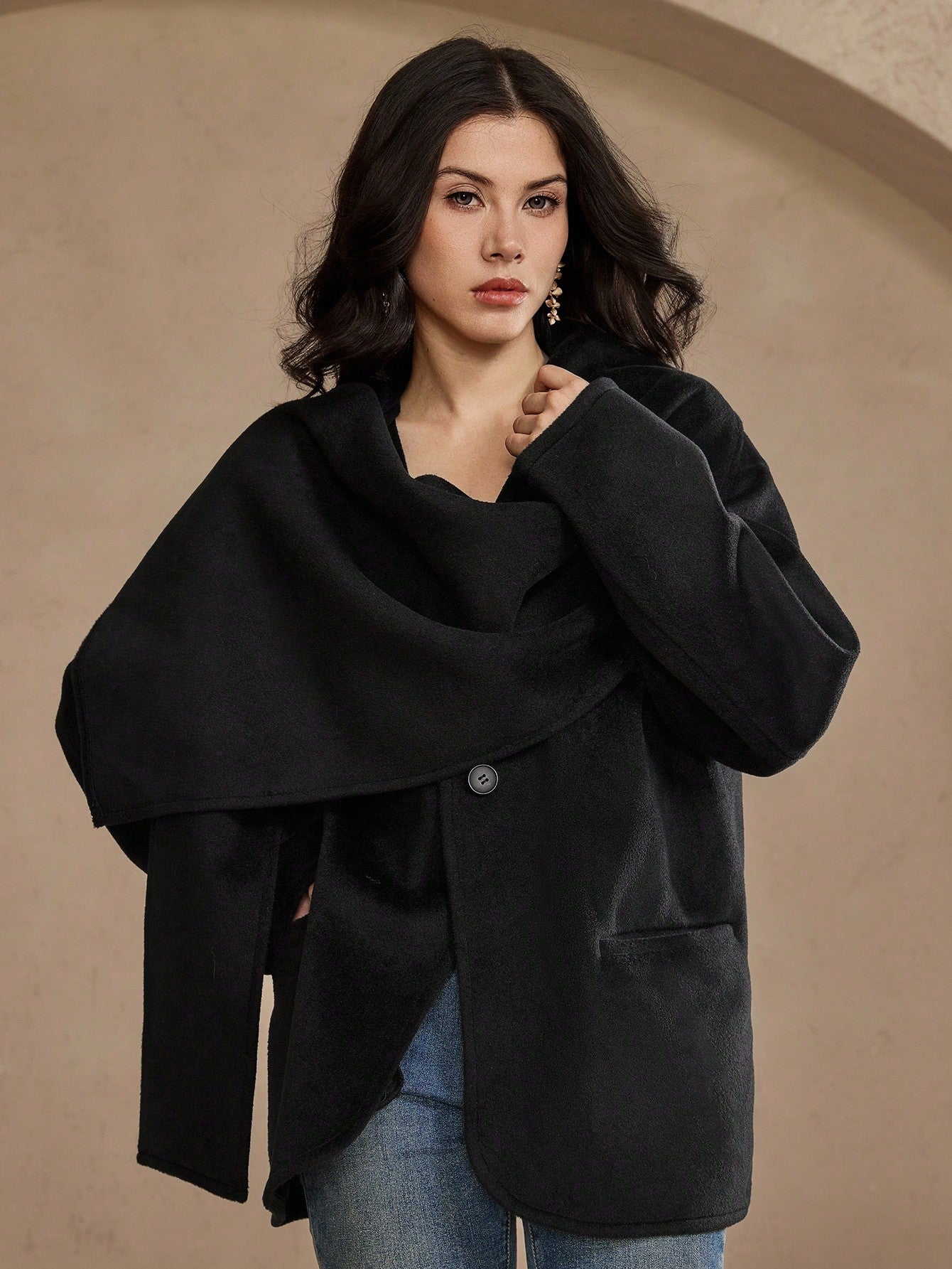 CM-CS442131 Women Elegant Seoul Style Solid Color Cowl Neck Long Sleeve Single-Breasted Scarf Jacket - Black