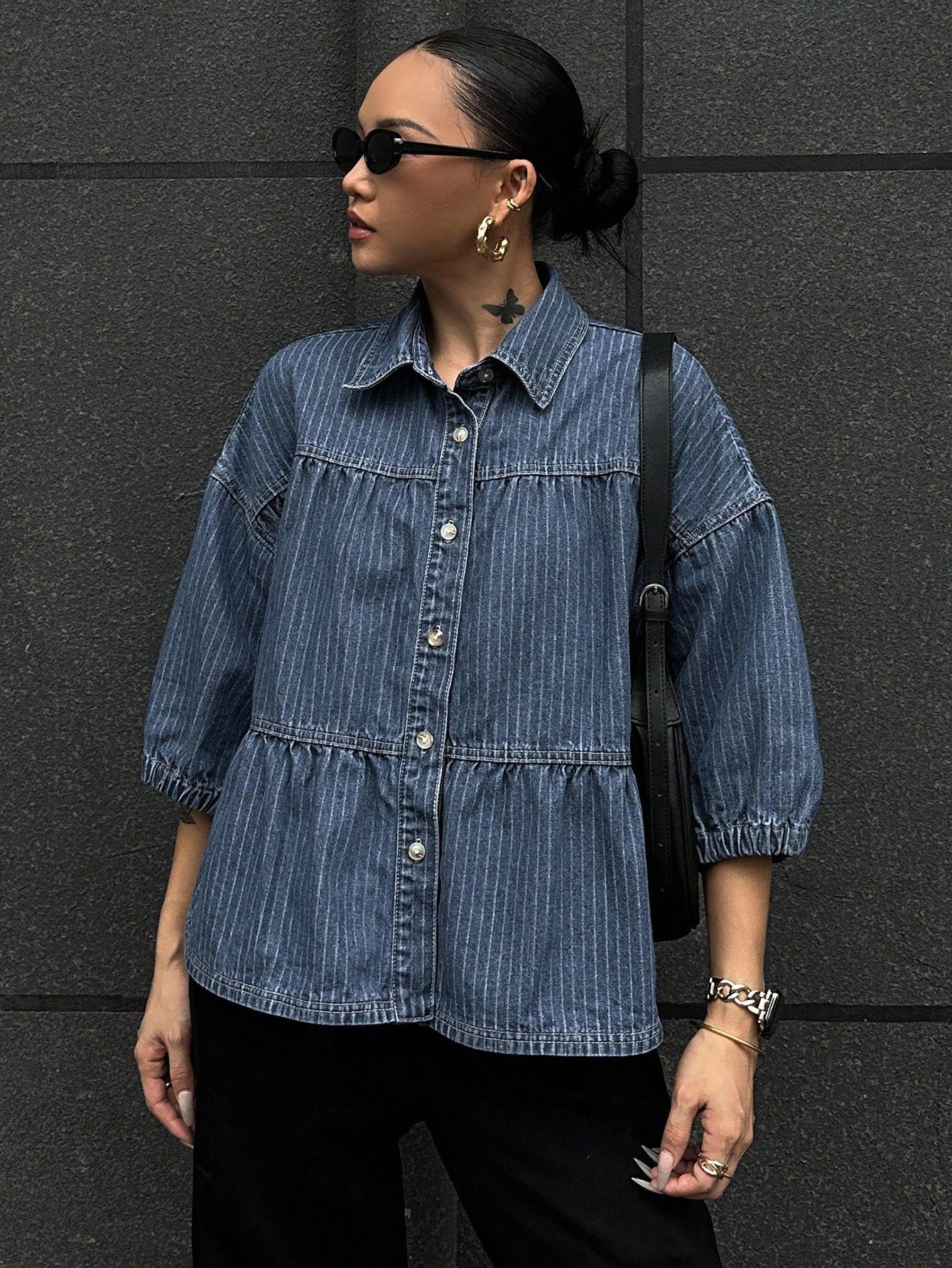 CM-TS115151 Women Casual Seoul Style Turndown Collar Puff Sleeve Loose Denim Blouse - Blue