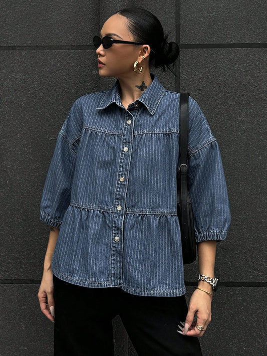 CM-TS115151 Women Casual Seoul Style Turndown Collar Puff Sleeve Loose Denim Blouse - Blue