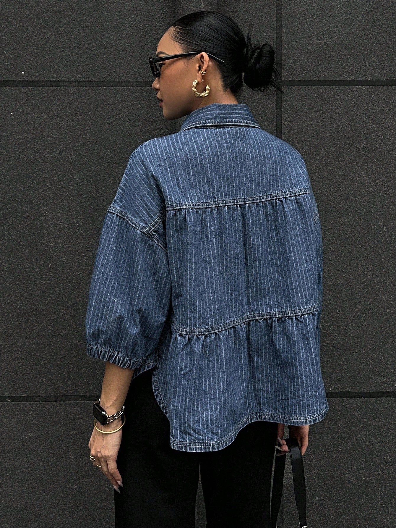 CM-TS115151 Women Casual Seoul Style Turndown Collar Puff Sleeve Loose Denim Blouse - Blue