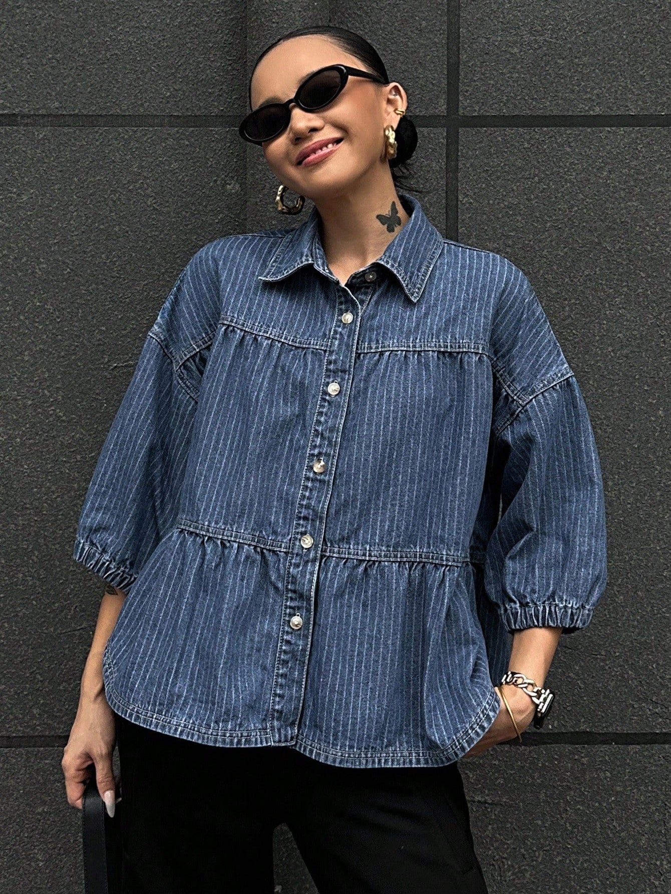 CM-TS115151 Women Casual Seoul Style Turndown Collar Puff Sleeve Loose Denim Blouse - Blue