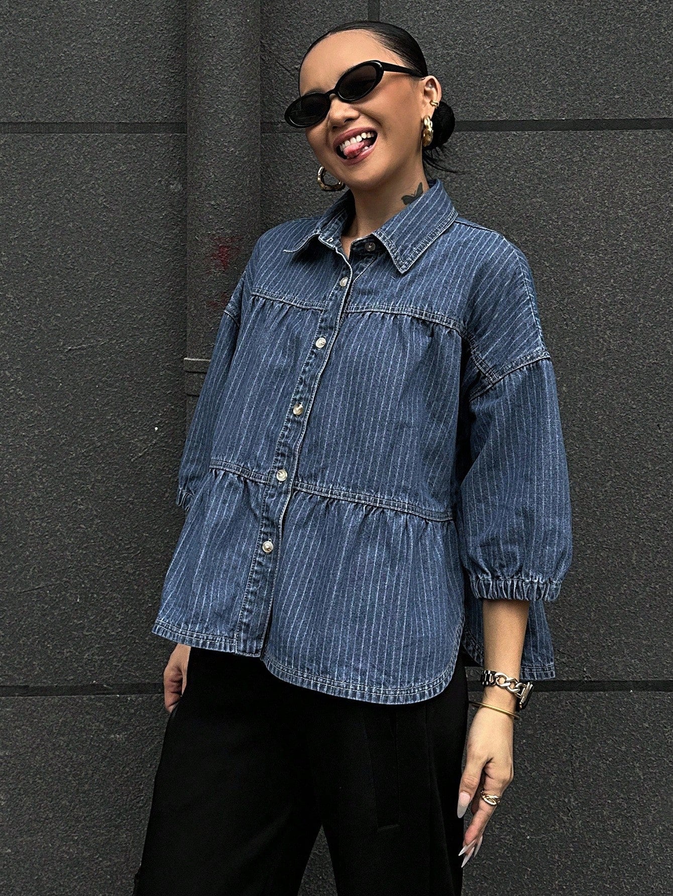 CM-TS115151 Women Casual Seoul Style Turndown Collar Puff Sleeve Loose Denim Blouse - Blue
