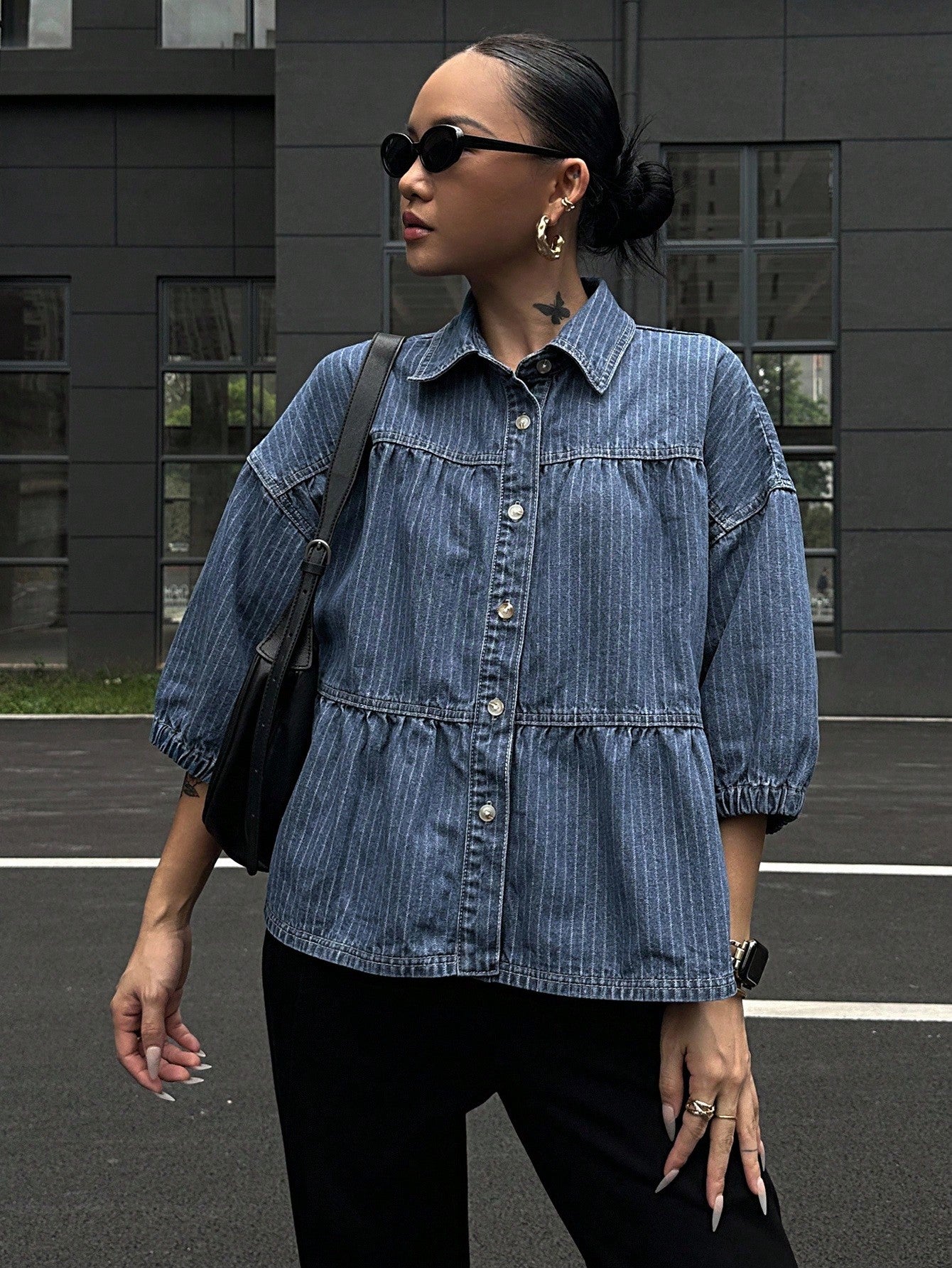 CM-TS115151 Women Casual Seoul Style Turndown Collar Puff Sleeve Loose Denim Blouse - Blue