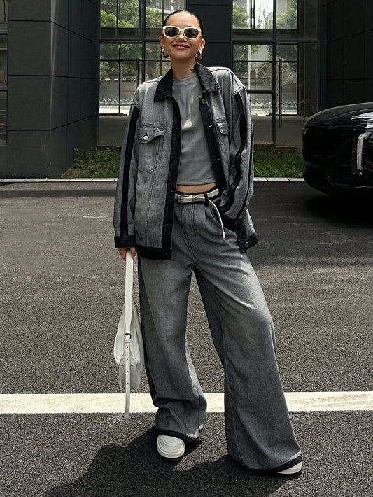 CM-SS906604 Women Elegant Seoul Style Collar Neckline Long Sleeve Contrast Color Jacket With Loose Fit Jeans - Set