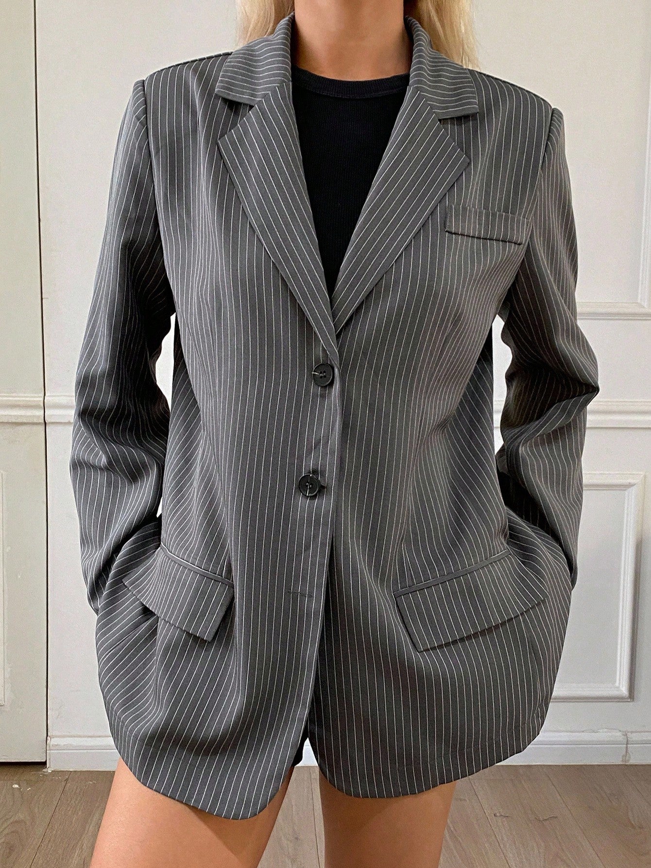 CM-CS606344 Women Casual Seoul Style V-Neck Long Sleeve Striped Loose Blazer - Dark Gray