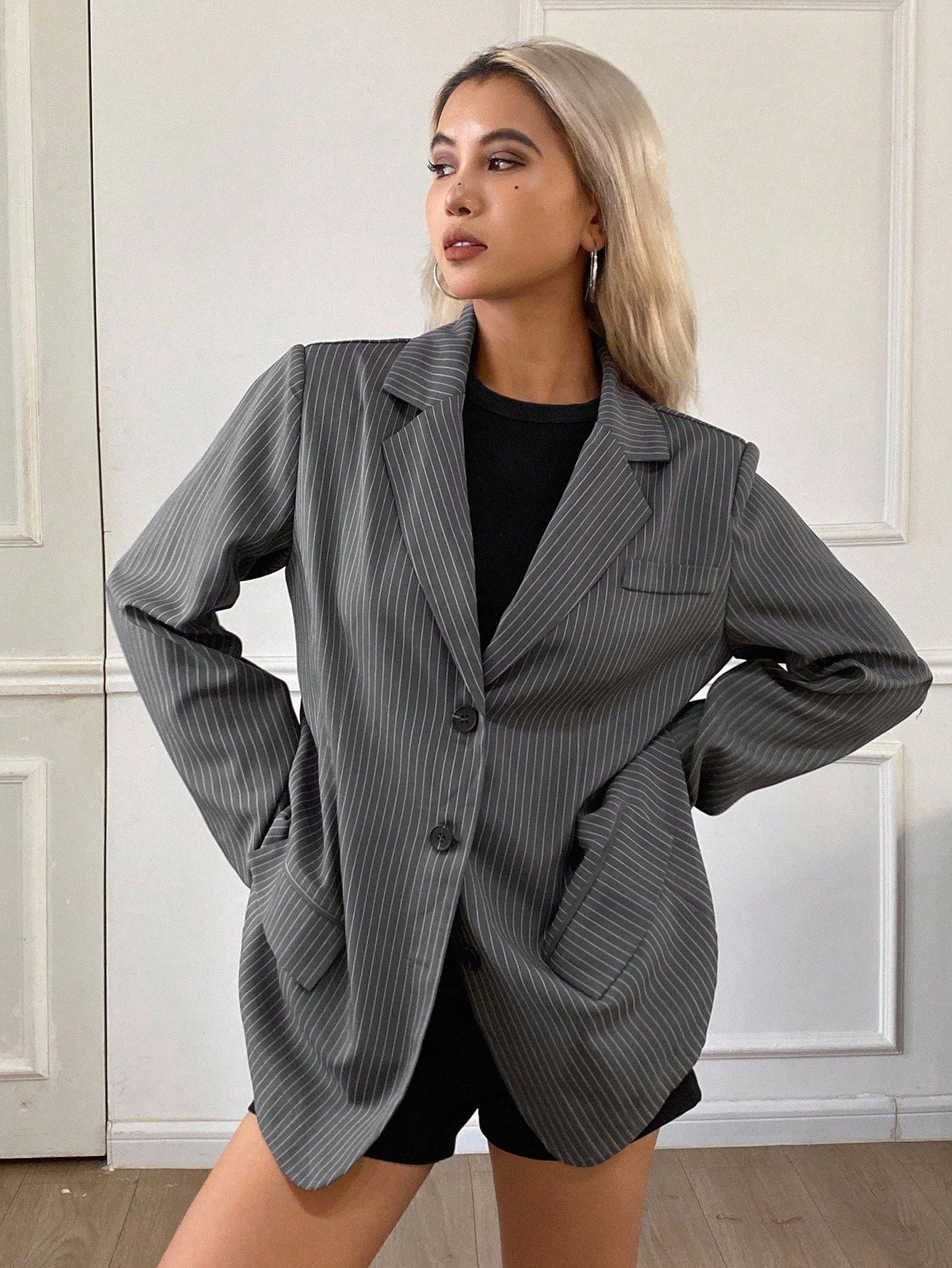 CM-CS606344 Women Casual Seoul Style V-Neck Long Sleeve Striped Loose Blazer - Dark Gray