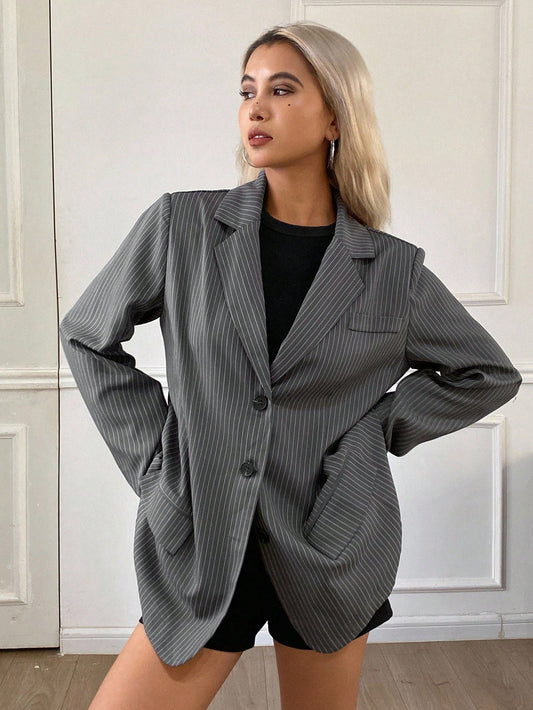 CM-CS606344 Women Casual Seoul Style V-Neck Long Sleeve Striped Loose Blazer - Dark Gray