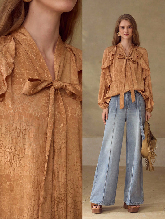 CM-TS944423 Women Elegant Seoul Style Tie Neck Long Sleeve Ruffle Jacquard Knot Blouse - Brown