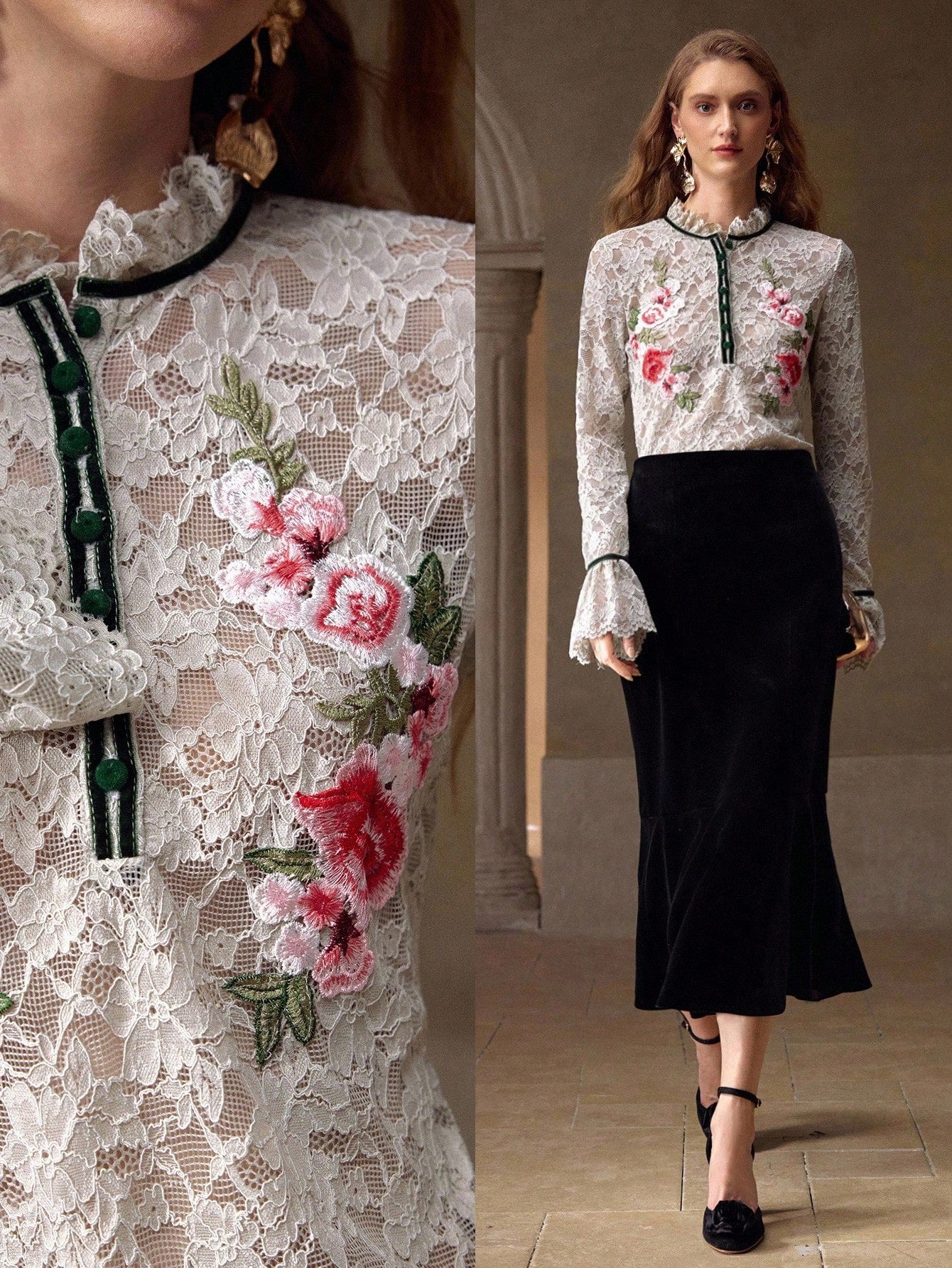 CM-TS535103 Women Elegant Seoul Style Embroidery Floral Appliques Flare Sleeve Contrast Lace Semi-Sheer Blouse