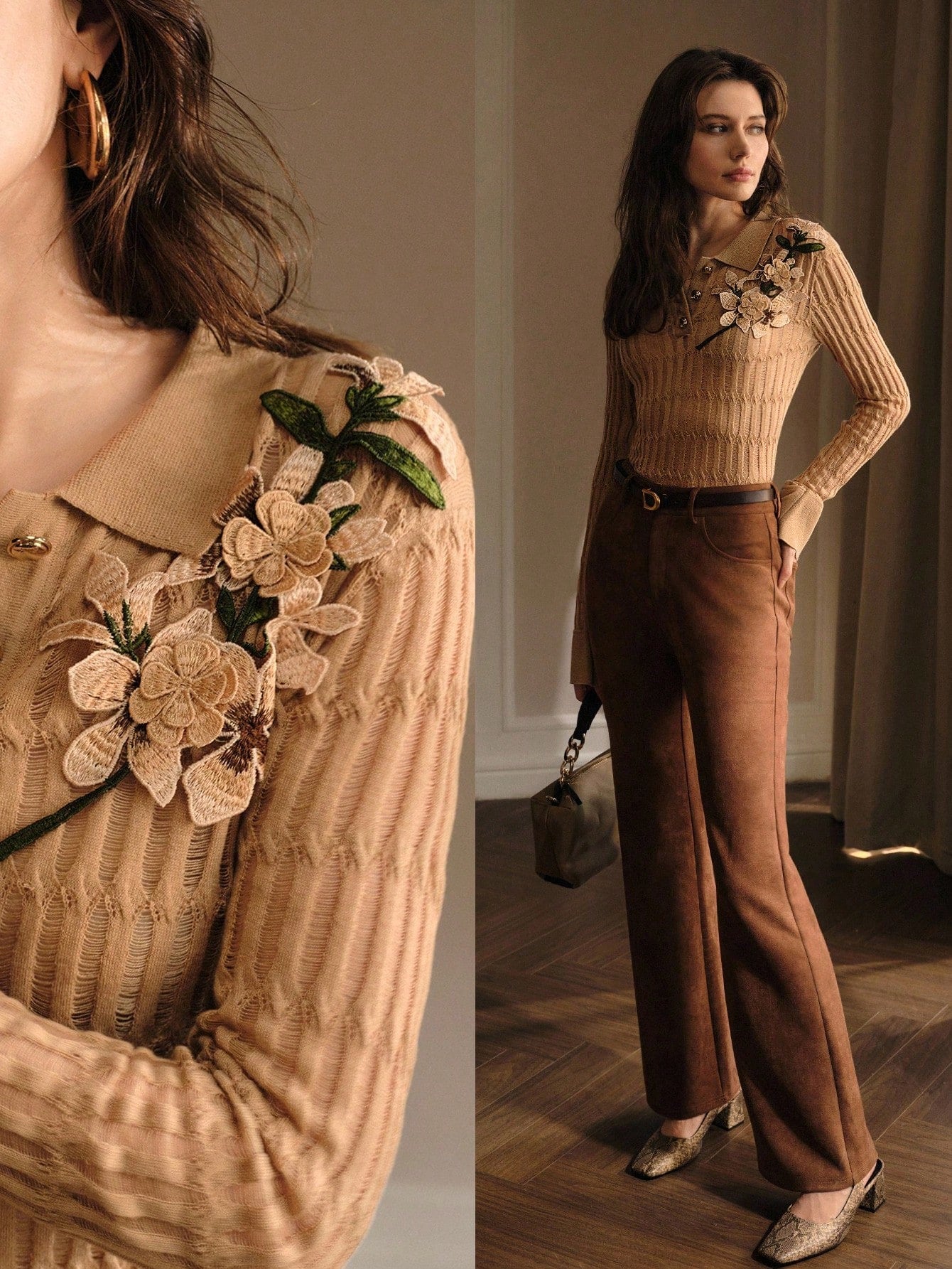 CM-CS898919 Women Elegant Seoul Style Appliques Polo Collar Long Sleeve Slim Fit Knit Sweater - Khaki