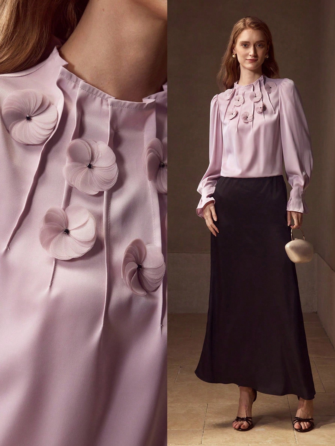CM-TS423246 Women Elegant Seoul Style Round Neck Long Sleeve Appliques Ruched Blouse - Purple
