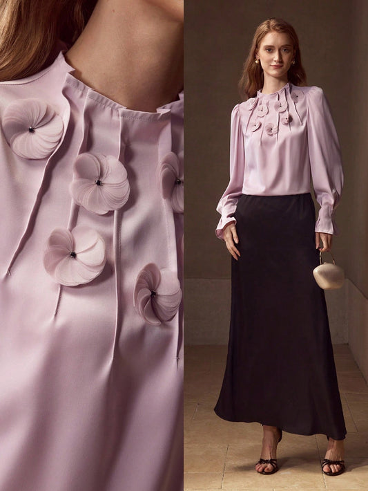 CM-TS423246 Women Elegant Seoul Style Round Neck Long Sleeve Appliques Ruched Blouse - Purple