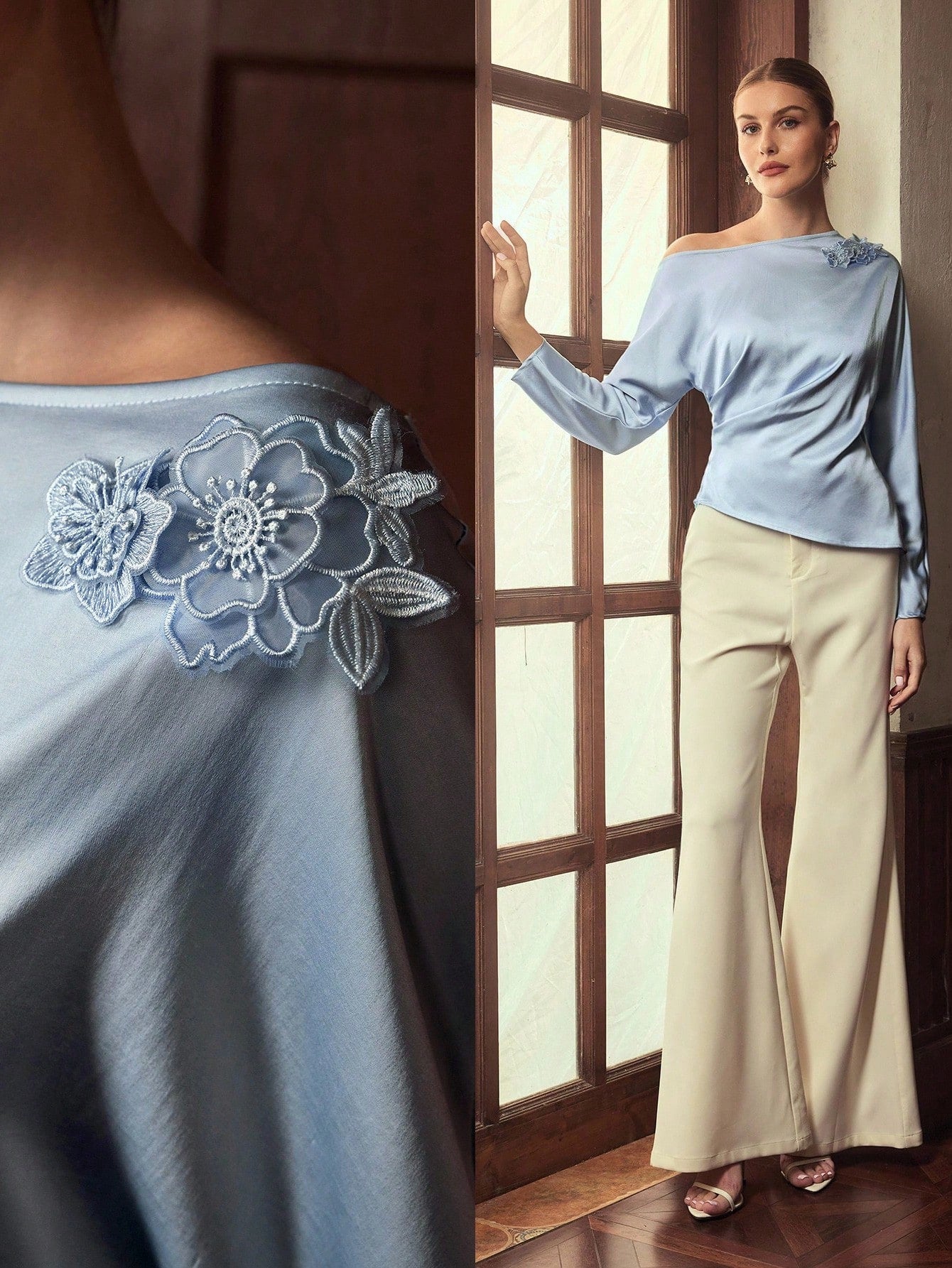 CM-TS798230 Women Elegant Seoul Style 3D Floral Decor Oblique Shoulder Long Sleeve Waist Cinched Blouse - Blue