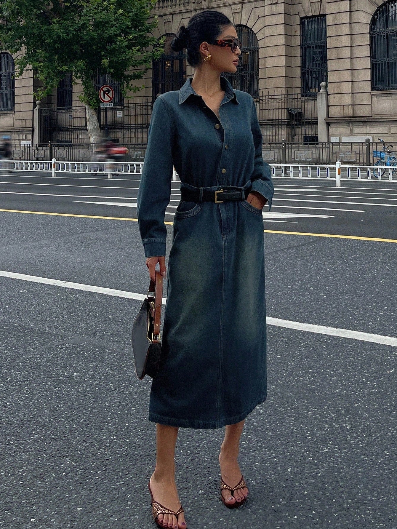 CM-DS807664 Women Casual Seoul Style Collar Neckline Long Sleeve Waist Cinched Slim Fit Bodycon Denim Dress - Blue