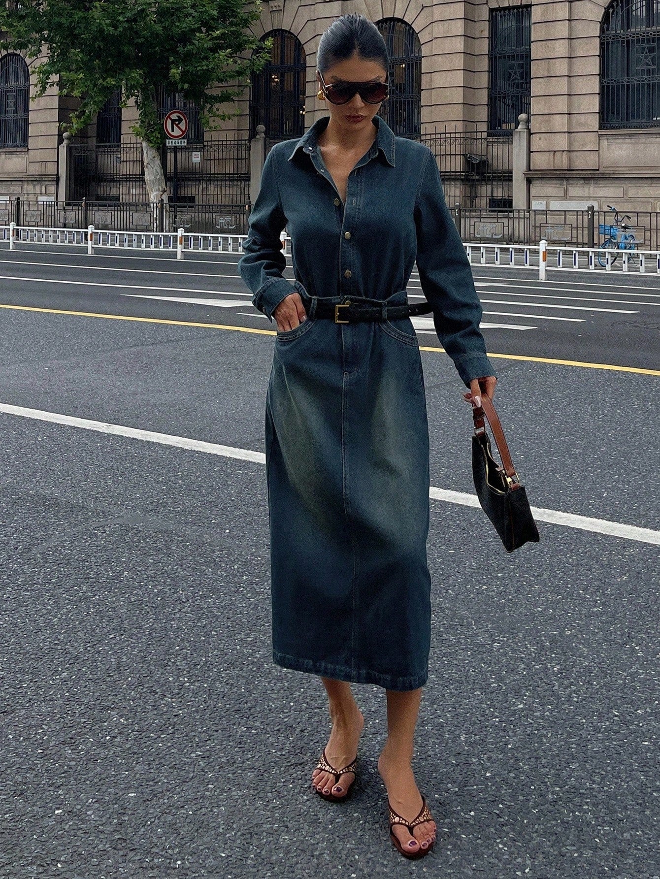 CM-DS807664 Women Casual Seoul Style Collar Neckline Long Sleeve Waist Cinched Slim Fit Bodycon Denim Dress - Blue