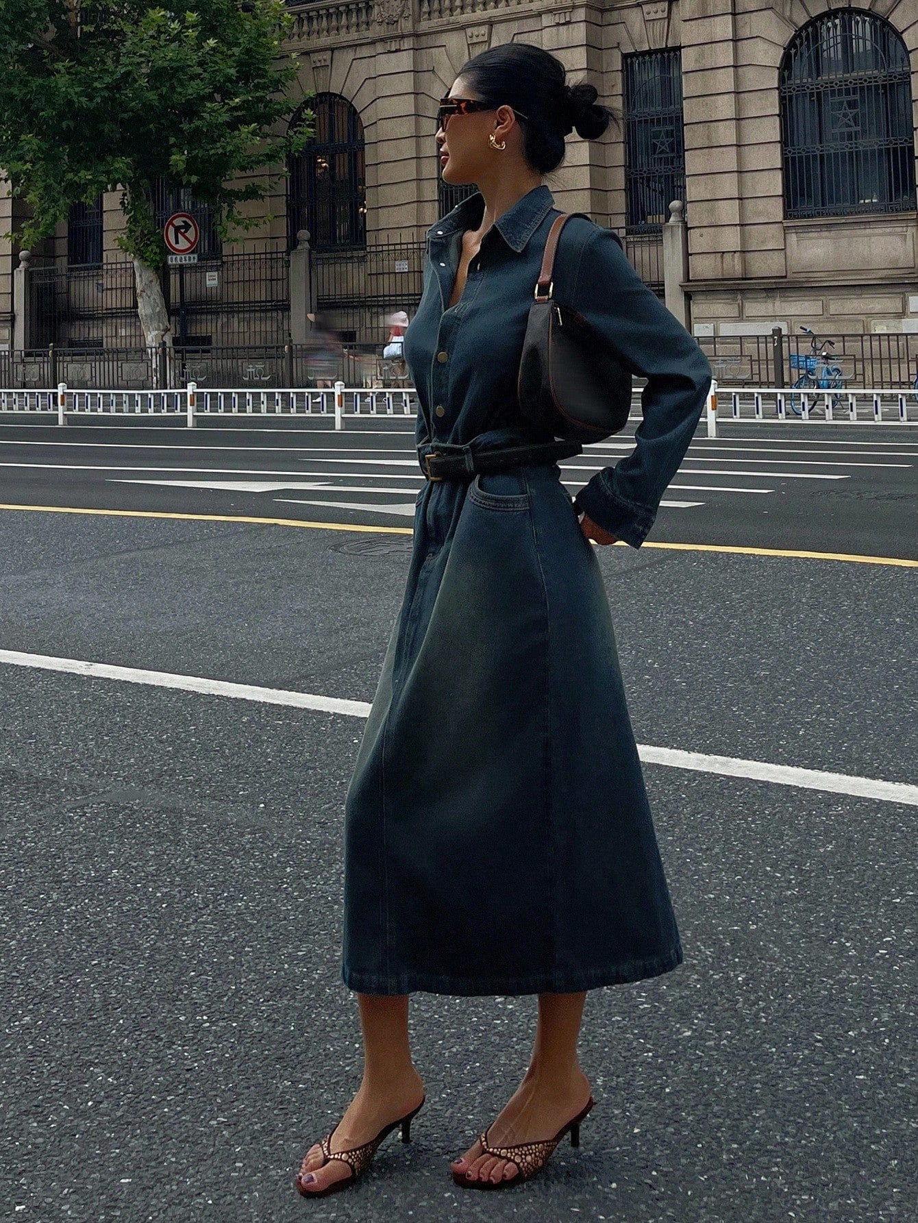 CM-DS807664 Women Casual Seoul Style Collar Neckline Long Sleeve Waist Cinched Slim Fit Bodycon Denim Dress - Blue