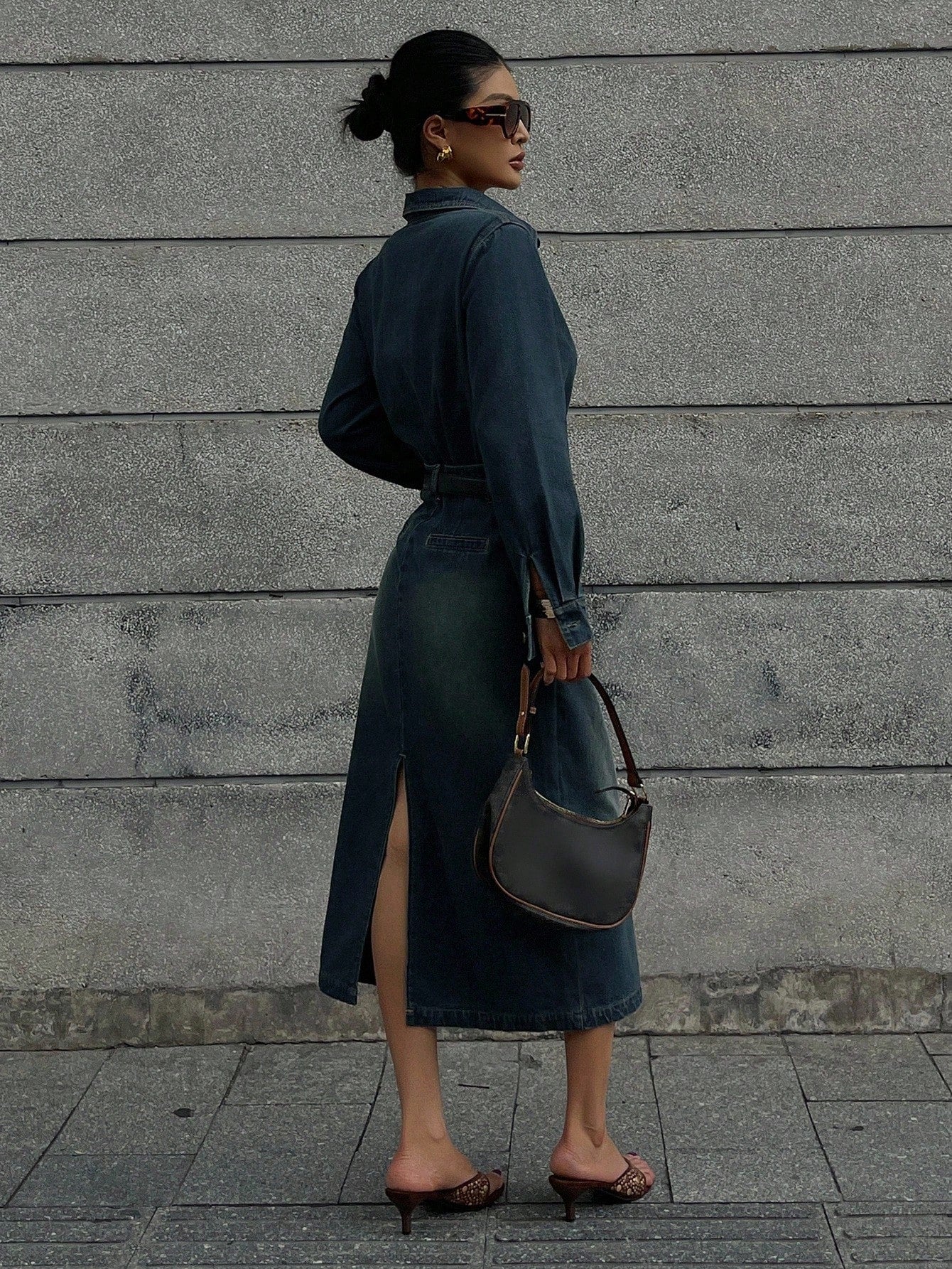 CM-DS807664 Women Casual Seoul Style Collar Neckline Long Sleeve Waist Cinched Slim Fit Bodycon Denim Dress - Blue