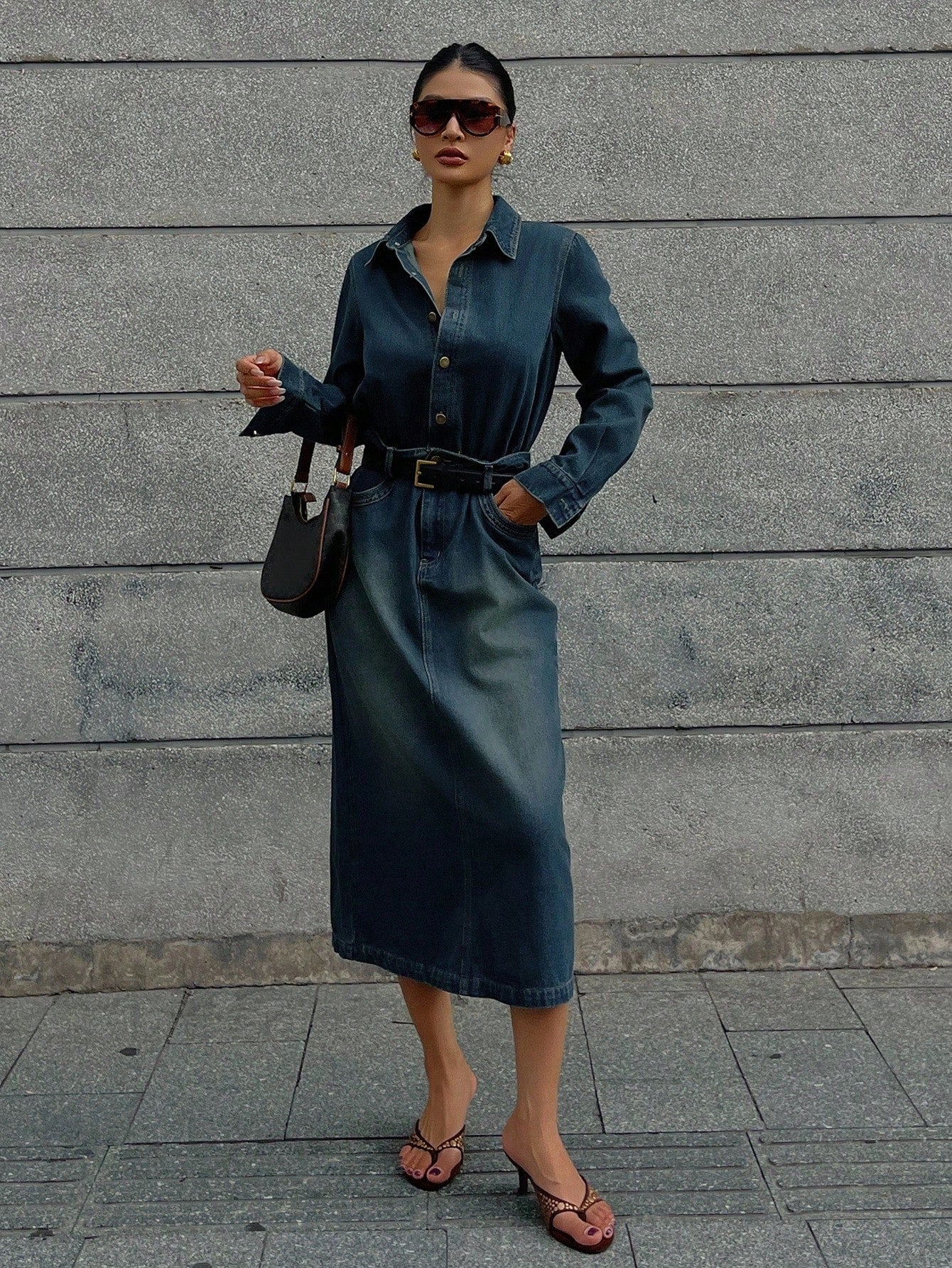 CM-DS807664 Women Casual Seoul Style Collar Neckline Long Sleeve Waist Cinched Slim Fit Bodycon Denim Dress - Blue