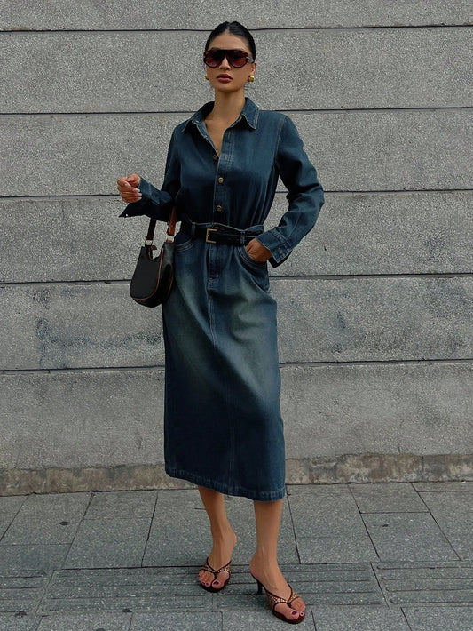 CM-DS807664 Women Casual Seoul Style Collar Neckline Long Sleeve Waist Cinched Slim Fit Bodycon Denim Dress - Blue